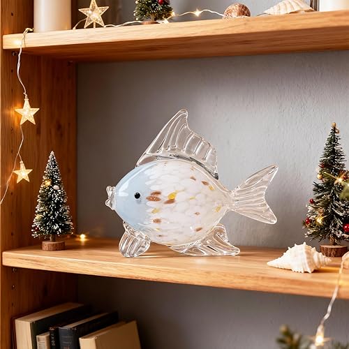Miniatura 3 de Figuras grandes de peces de vidrio soplado a mano, arte de vidrio marino para acuario, escultura de estatua de pez azul y blanco, acento costero