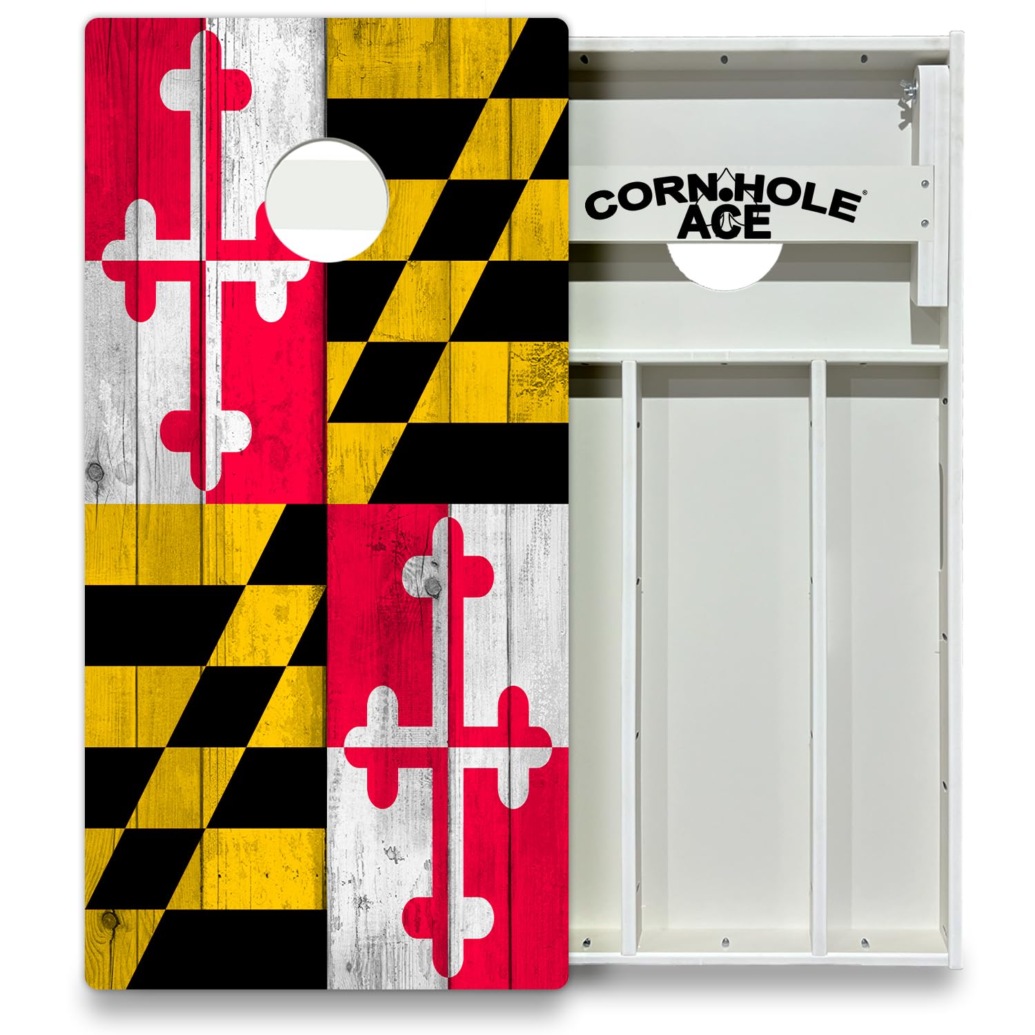 CornholeAce Maryland State Flag All Weather Pro Cornhole Board Set - Waterproof 4x2 Regulation Size, Made in USA, Triple Wide Legs, 3/4