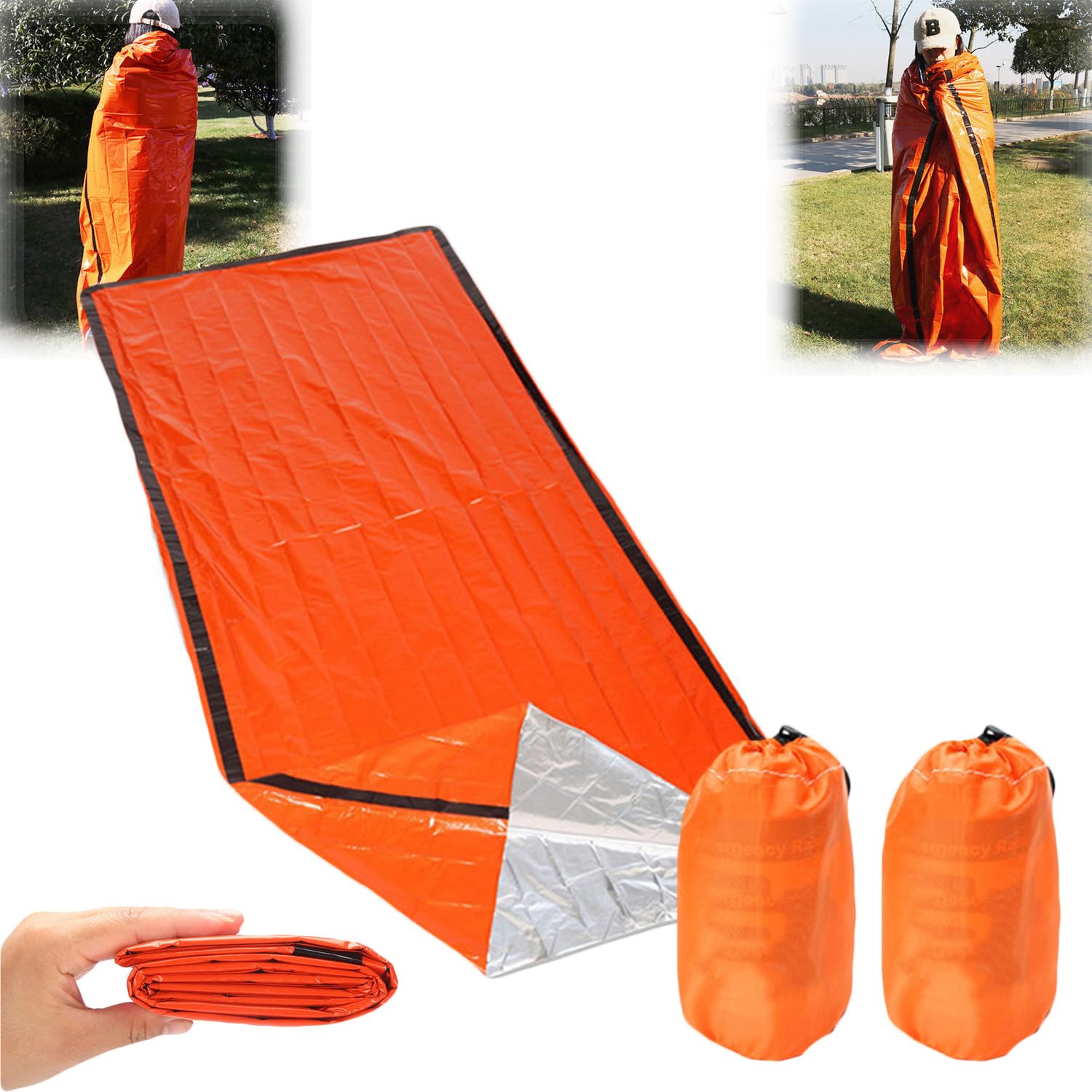 Sierra Madre Emergency Sleeping Bag, 84"X36" SierraMadre Pocket Size Emergency Sleeping Bag, Waterproof Thermal Survival Sleeping Bags for Adults for Hiking, Camping, Running (2pcs)