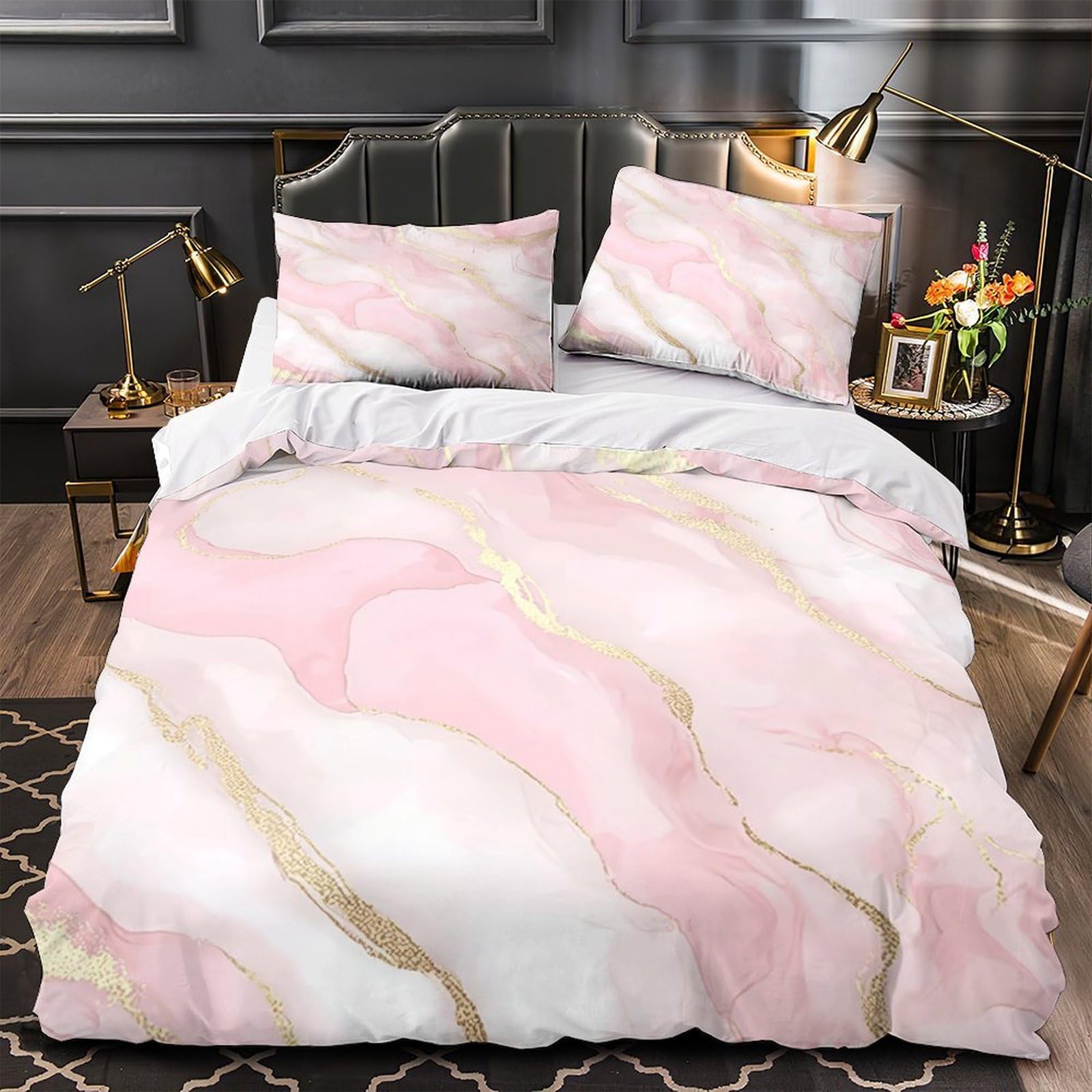 Parure de lit rose marbre 135x200cm infroissable avec fermeture éclair pour lit single sans corvée