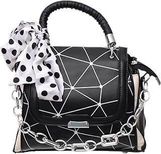 شنطة يد جلد صناعي بتصميم عصري مقسمة من الداخل إلى ثلاثة أجزاء مع حزام جلد وسوستة للنساء، لون أبيض وأسود
