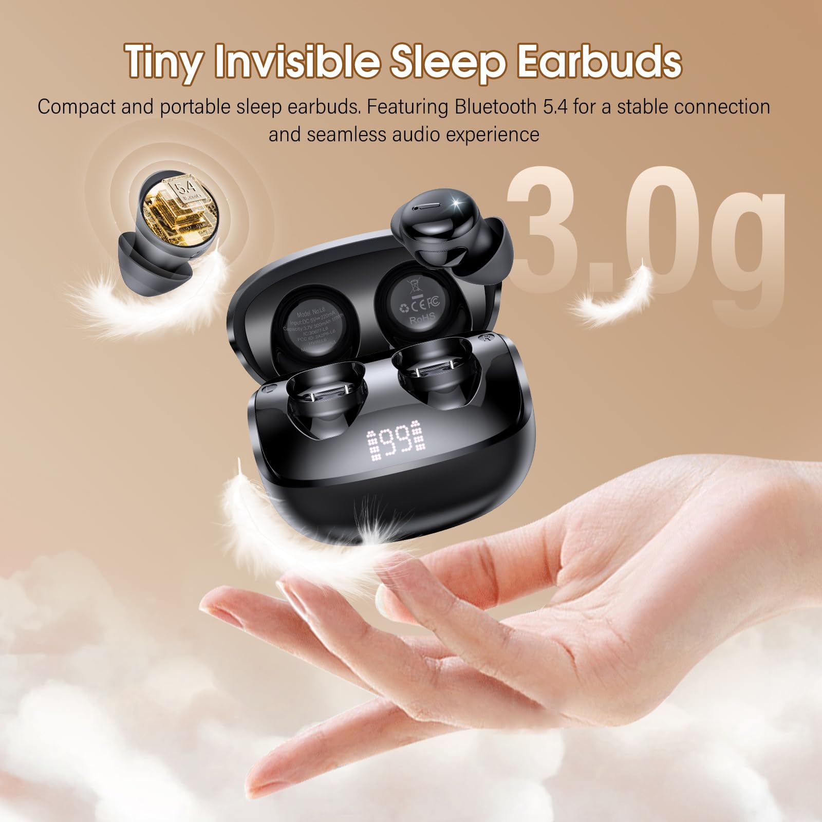Auriculares para Dormir, inalámbricos Bluetooth 5.4 Mini Auriculares para Dormir de Lado, Silicona líquida/Ruido Blanco, Audífonos Bluetooth para Dormir para Entrenar, Trabajar, Viajar, Negro