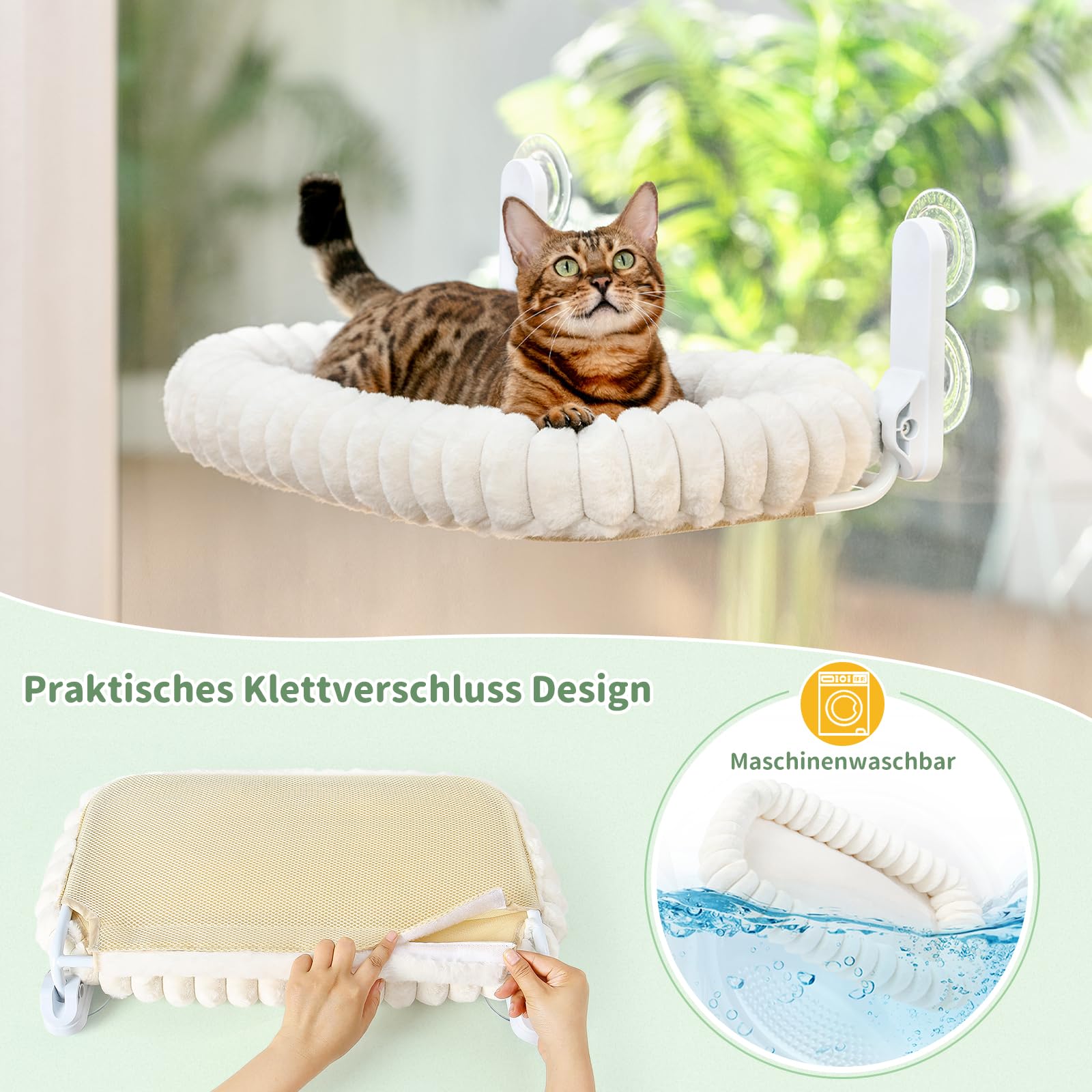 GUUSII HOME Katzen Fensterliege Faltbar Katzenbett Fenster Fensterbank Katze Hängematte mit Wendebezug & Saugnäpfen Fensterbrettauflage Fensterliegeplatz Bis zu 18kg Fensterscheibe (Weiß, M)