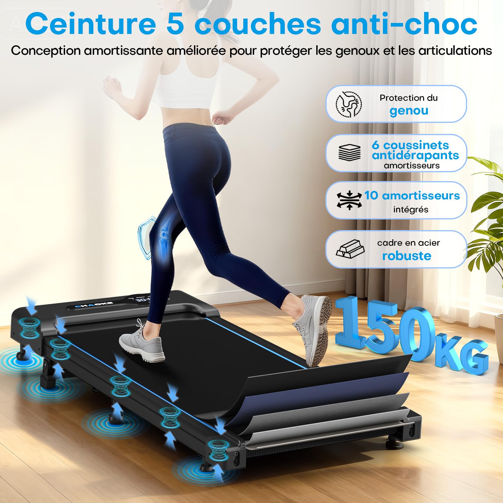 Tapis de Marche CHAOKE avec Inclinaison de 9%, Tapis de Course sous Bureau Jusqu’à 10 km/h, Moteur Silencieux de 2,75 CV, Capacité Maximale de 150 kg, avec 12 Programmes HIIT et Télécommand