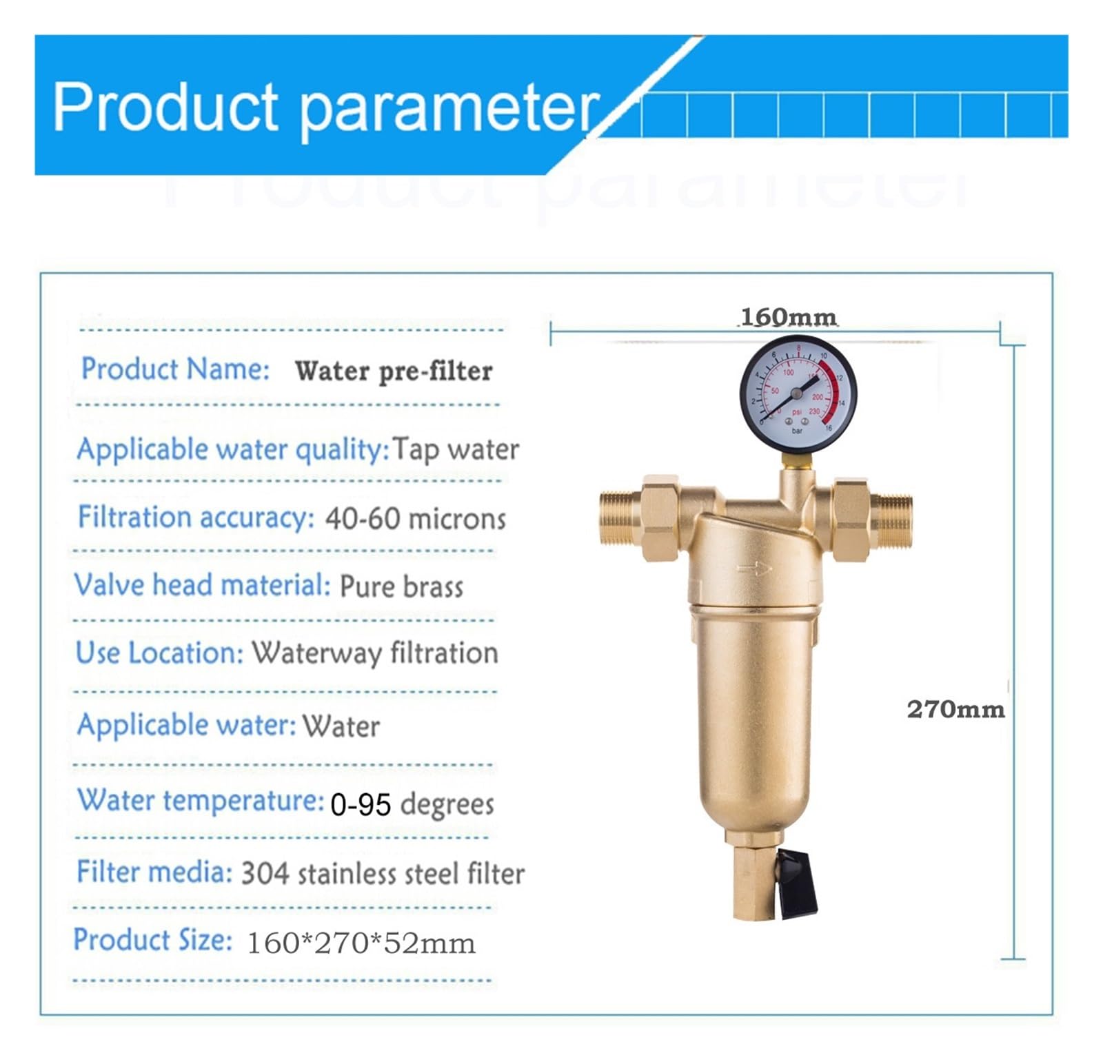 Sistema de filtro de agua, Sifón Backwas Pre-filtro de agua caliente, purificador latón entero Prefiltro malla acero inoxidable con manómetro(Whole brass,0.75 inch)