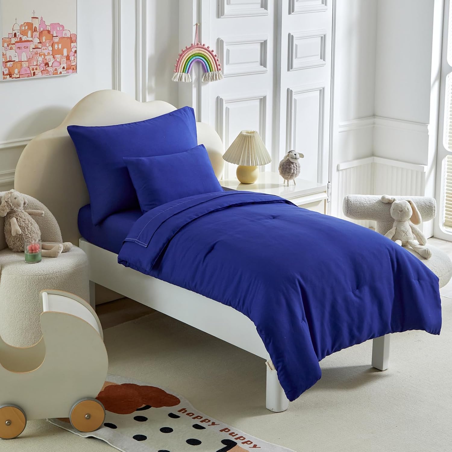 Kids Comforter Sheet Set - Soft and Breathable Bed Set Includes Quilted Comforter, Fitted Sheet, Flat Top Sheet, Pillowcase and Toddler Pillowcase for Toddler - 5 Pieces Toddler Bedding Set Navy