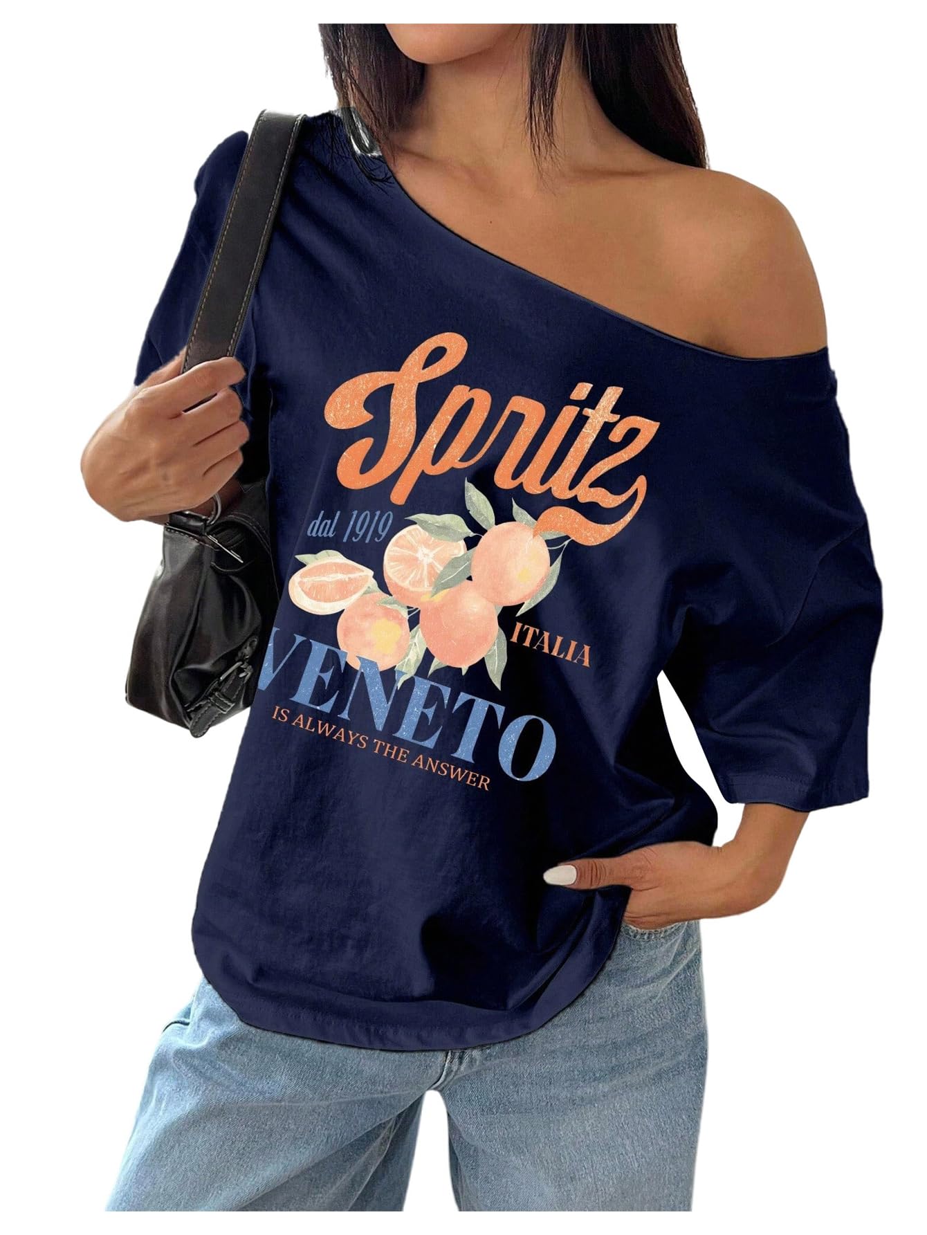 Women's Oversized Off Shoulder Graphic Tees Short Sleeve Bow Letter Print T Shirts Y2K Tops X-Small Floral Deep Blue