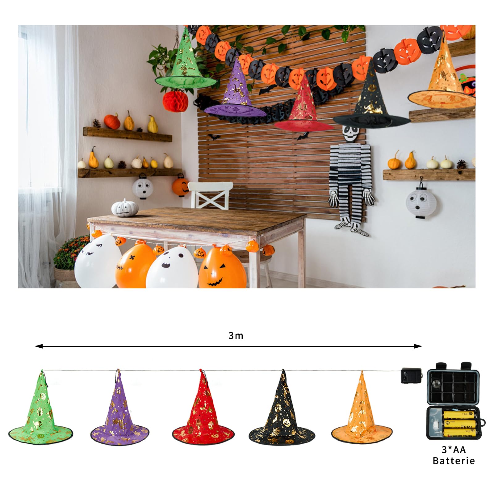 Halloween Lichterkette, 5 Stück Hängende Leuchtende Hexenhut, 3M 50 LED für Außen und Innen, Halloween Deko für Garten, Hof, Baum, Veranda