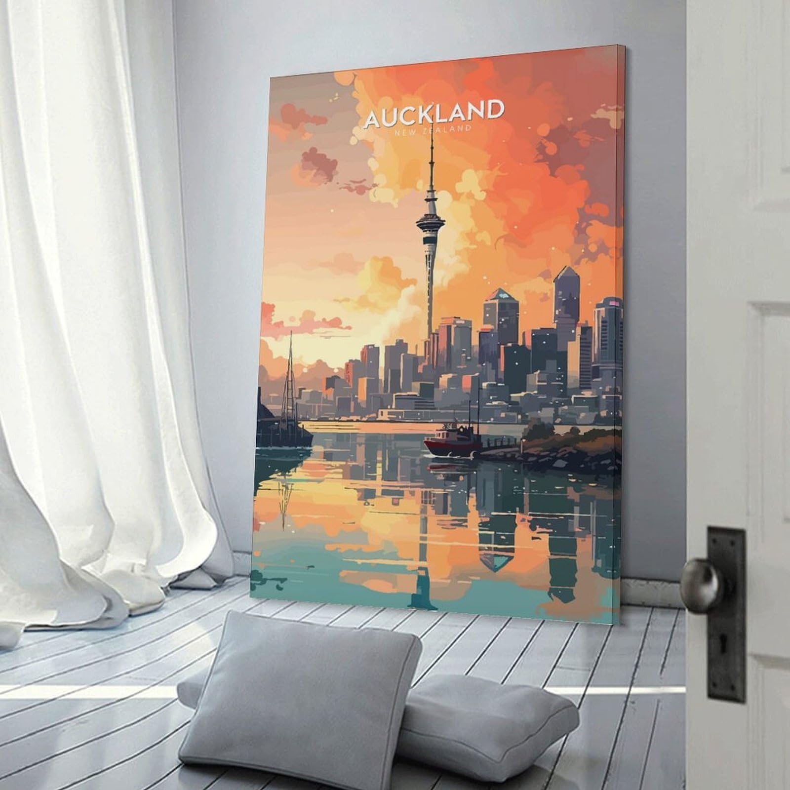 Junmoney Auckland Skyline Sunset Wall Decor Canvas Print 24x36inch(60x90cm), for Sofa Walls, Lounge Or Home Corners, Modern Wall Decor for Cosy Interiors