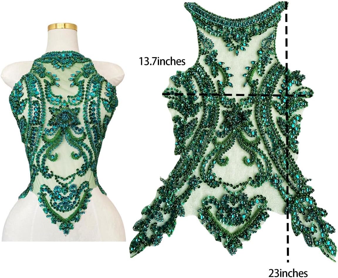 Handmade Beads Rhinestones lace Applique Bodice Patches Trimming sew on Sequins Stones Beads Shining for Wedding Evening Dance Dress Decoration (Deepgreen)