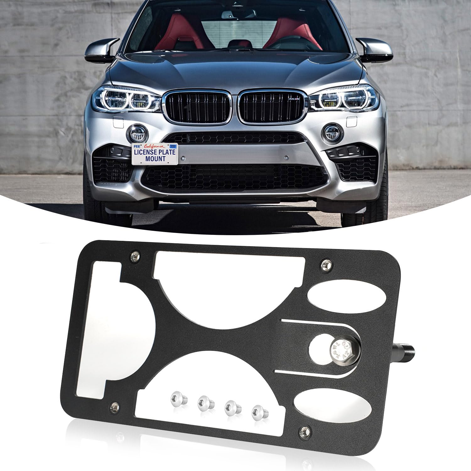 Front Bumper Tow Hook License Plate Mount Bracket Compatible with BMW X5 2014-2018, No Drill Plate Holder, Replacement Frames with Accessories Kit