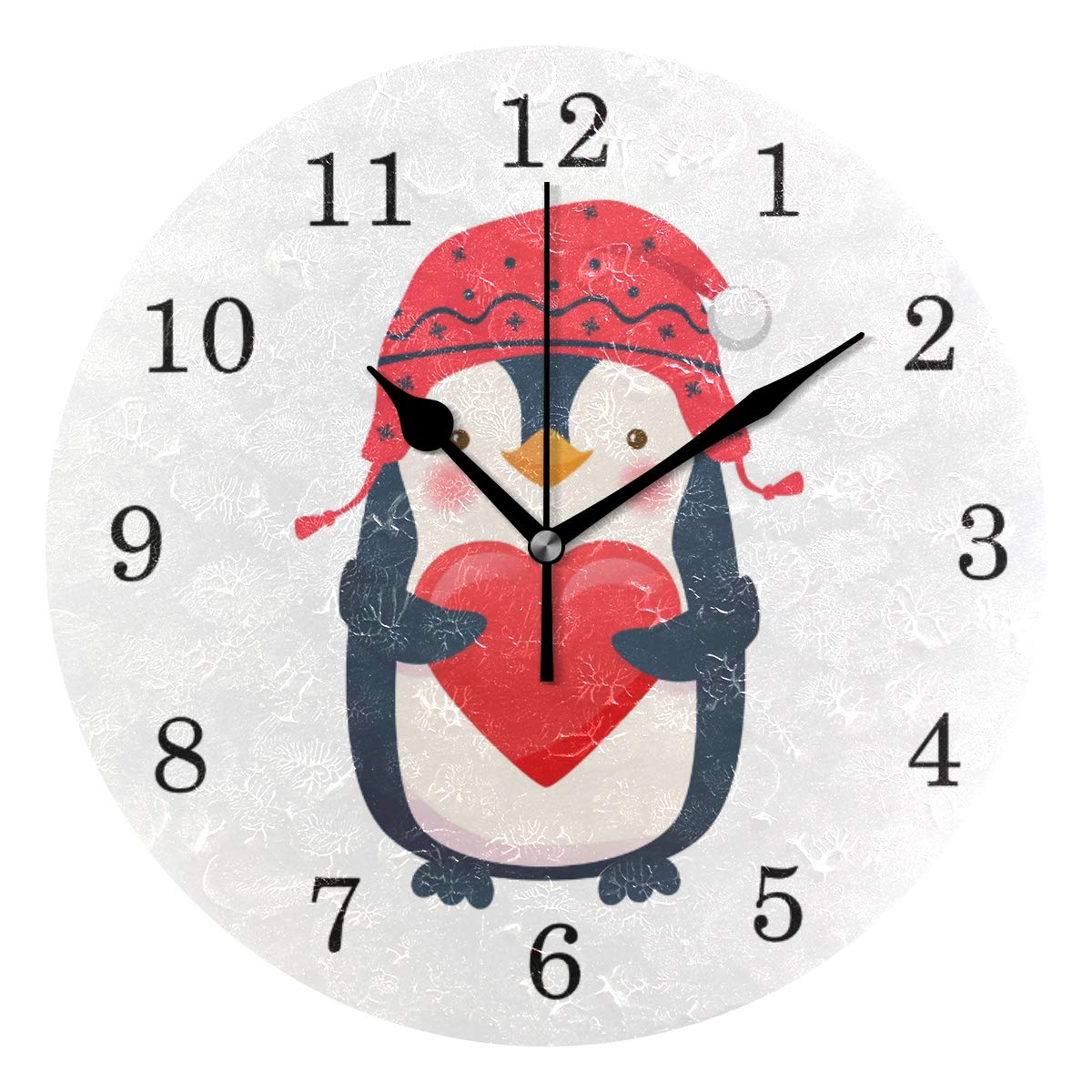 linomo Cute Animal Penguin Love Heart Wall Clock Decor, Silent Non Ticking Round Clock Quiet for Kitchen Living Room Bedroom Bathroom Office