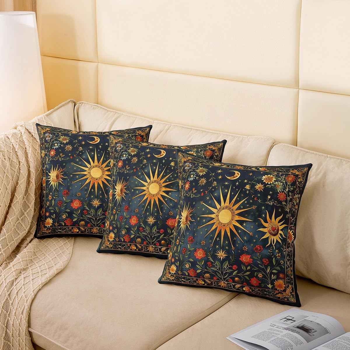 Castle Fairy Sun Moon Throw Pillow Covers Set of 2 Boho Exotic Style Cushion Covers for Couch Sofa Rustic Style Flowers Decorative Pillowcases Navy Gold Outdoor Pillows Covers,24"x24"