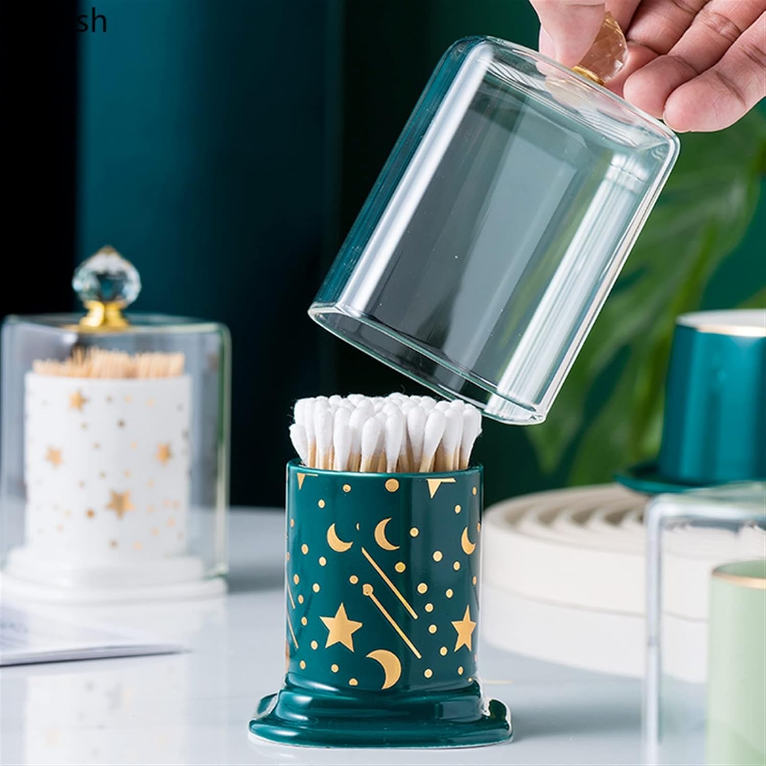 Toothpick Holders Ceramic Toothpick Holder Glass Cover Jar Cotton Swab Box Dispenser(Green)