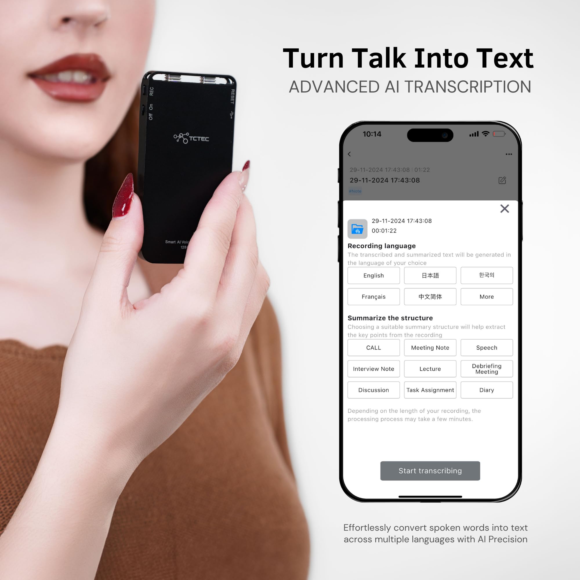 TCTEC 128GB Smart Voice Recorder, AI Transcription Recorder, Smart AI Summary, Audio to Text Function, Noise Reduction, Audio, Recording Device for Meeting, Lecture, Interview.