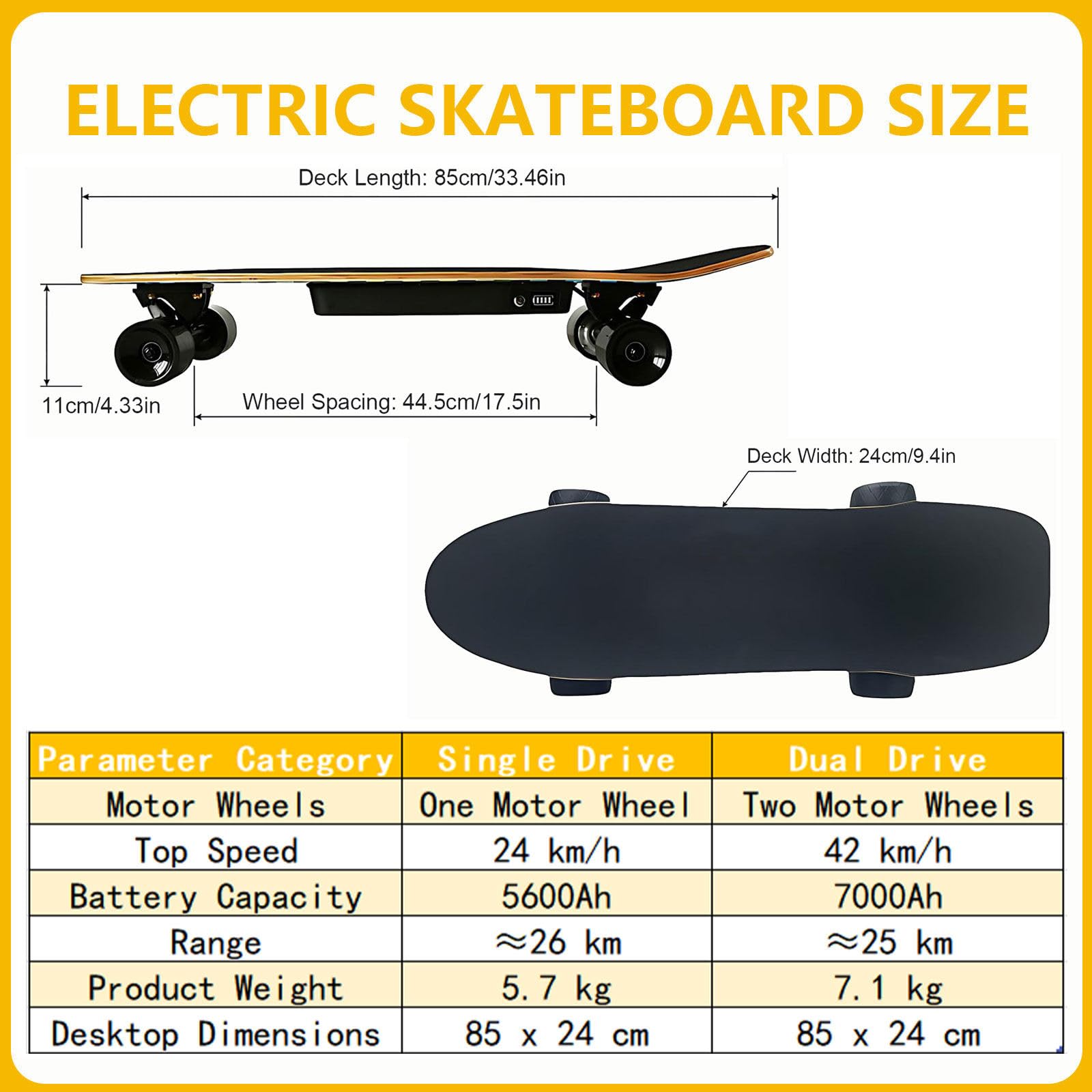 Skateboard elettrico con telecomando, longboard da 800 W, velocità di 26 mph, portata 300 kg, ideale per adolescenti e adulti, impugnatura sicura in carta vetrata