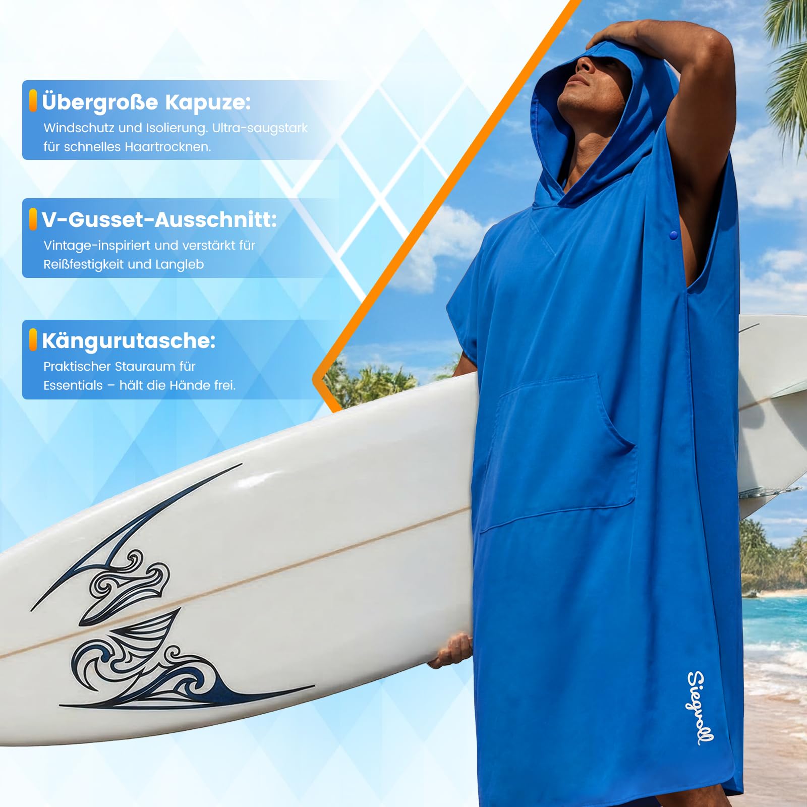 Siegvoll Poncho de Baño de Microfibra para Hombre y Mujer – Poncho de Surf Adulto de Secado Rápido y Compacto – Toalla Poncho con Capucha Cortavientos – Cambiador Portátil para Playa y Deportes Acuáti