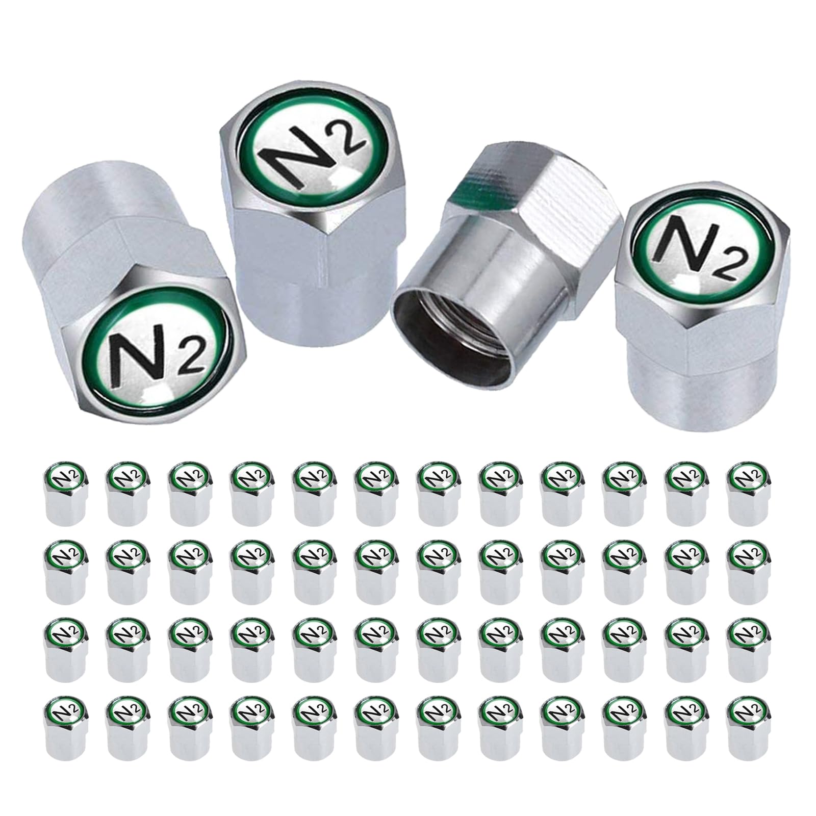 STAYOUNG50 x Valve Caps – Dust Caps for Tyre Valves, Chrome-Plated Brass with N2 Nitrogen Symbol, for Cars, Motorcycles, Bicycles and Electric Vehicles (Silver)