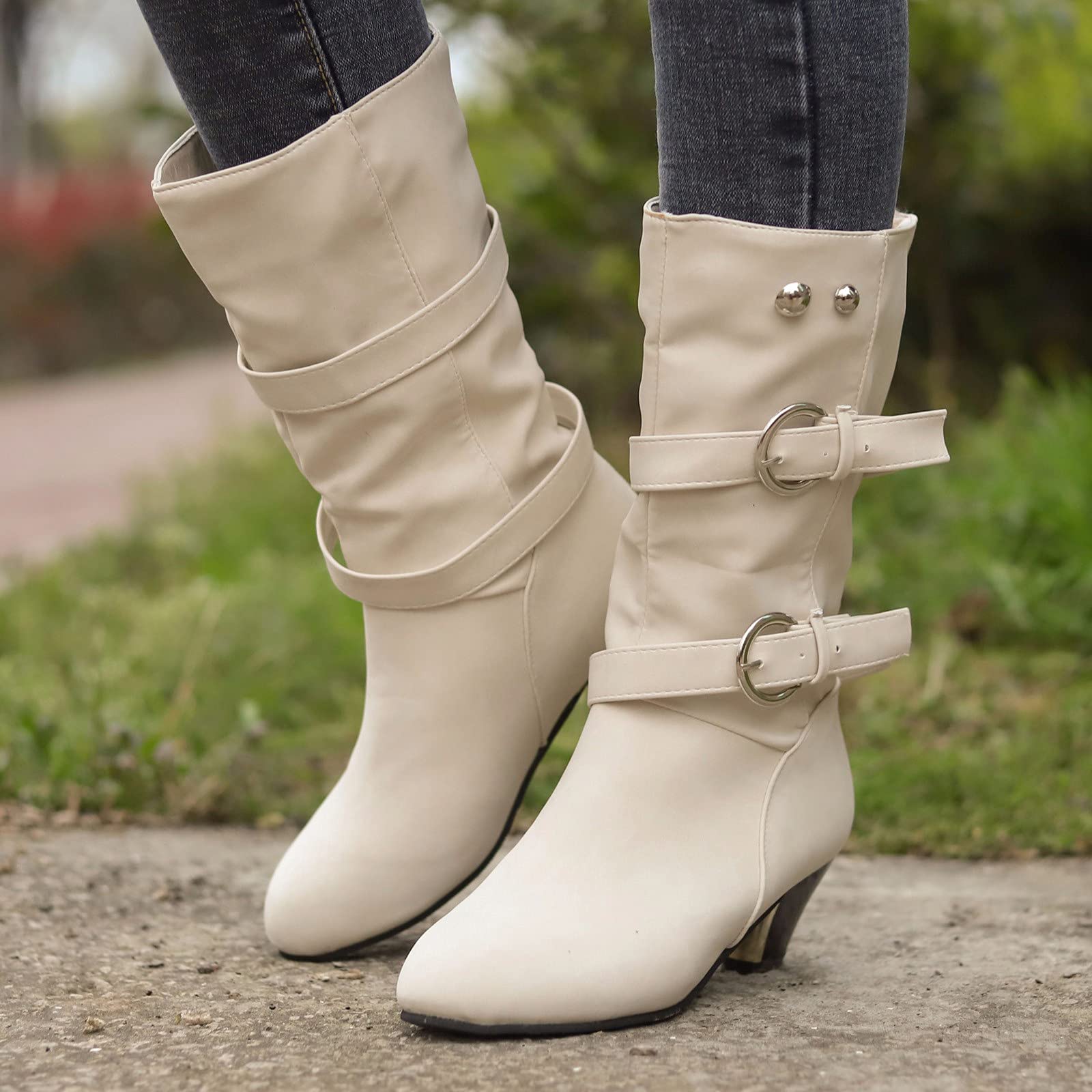 FGUUTYM Stivali da donna invernali da donna, stivaletti corti, semi-lunghi, antiscivolo, termici invernali con tacco in pelle, da donna, beige., 37 EU