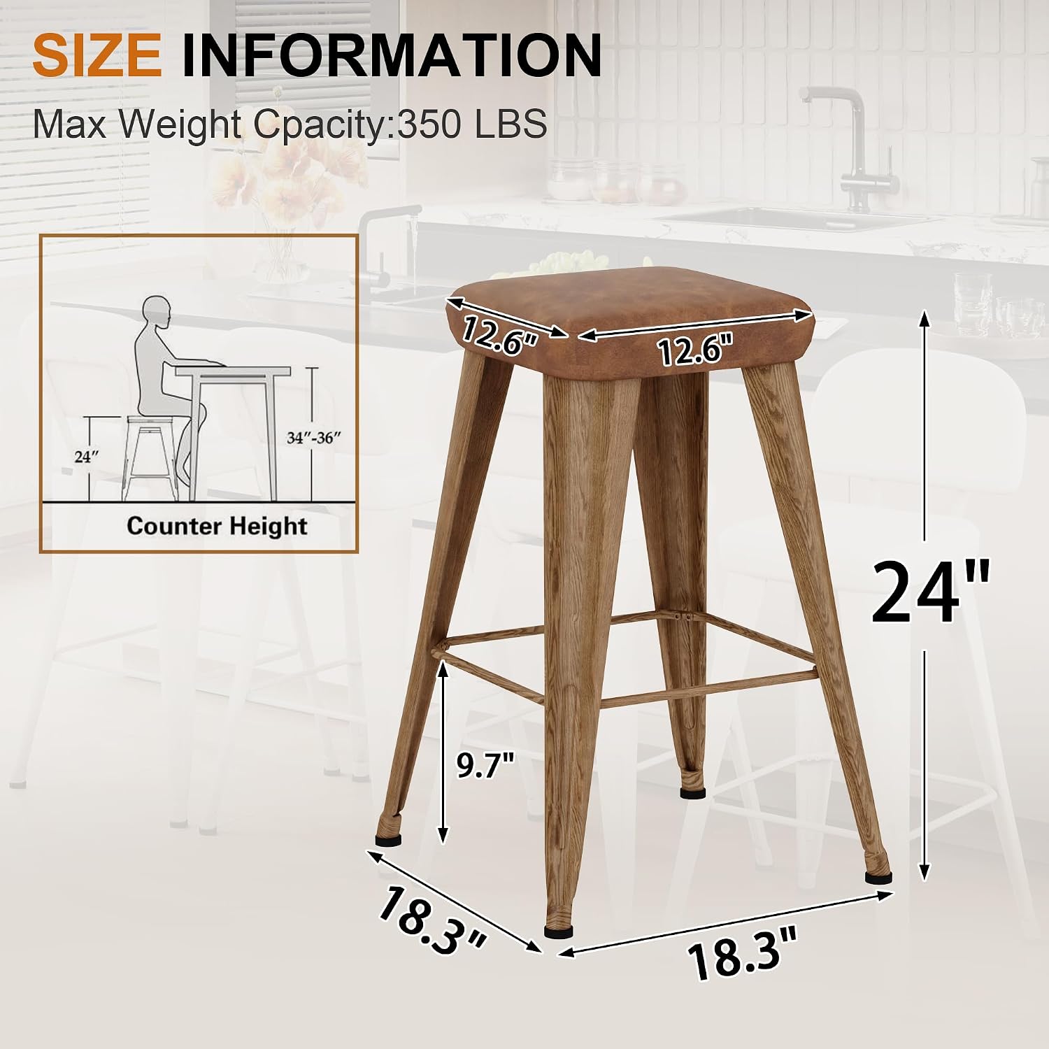 Aklaus PU Leather Metal Bar Stools 24 inch Faux Leather Counter Height Barstools Set of 2 Modern Farmhouse Bar Chairs Faux Leather Seat for Kitchen Island Dining Room Brown