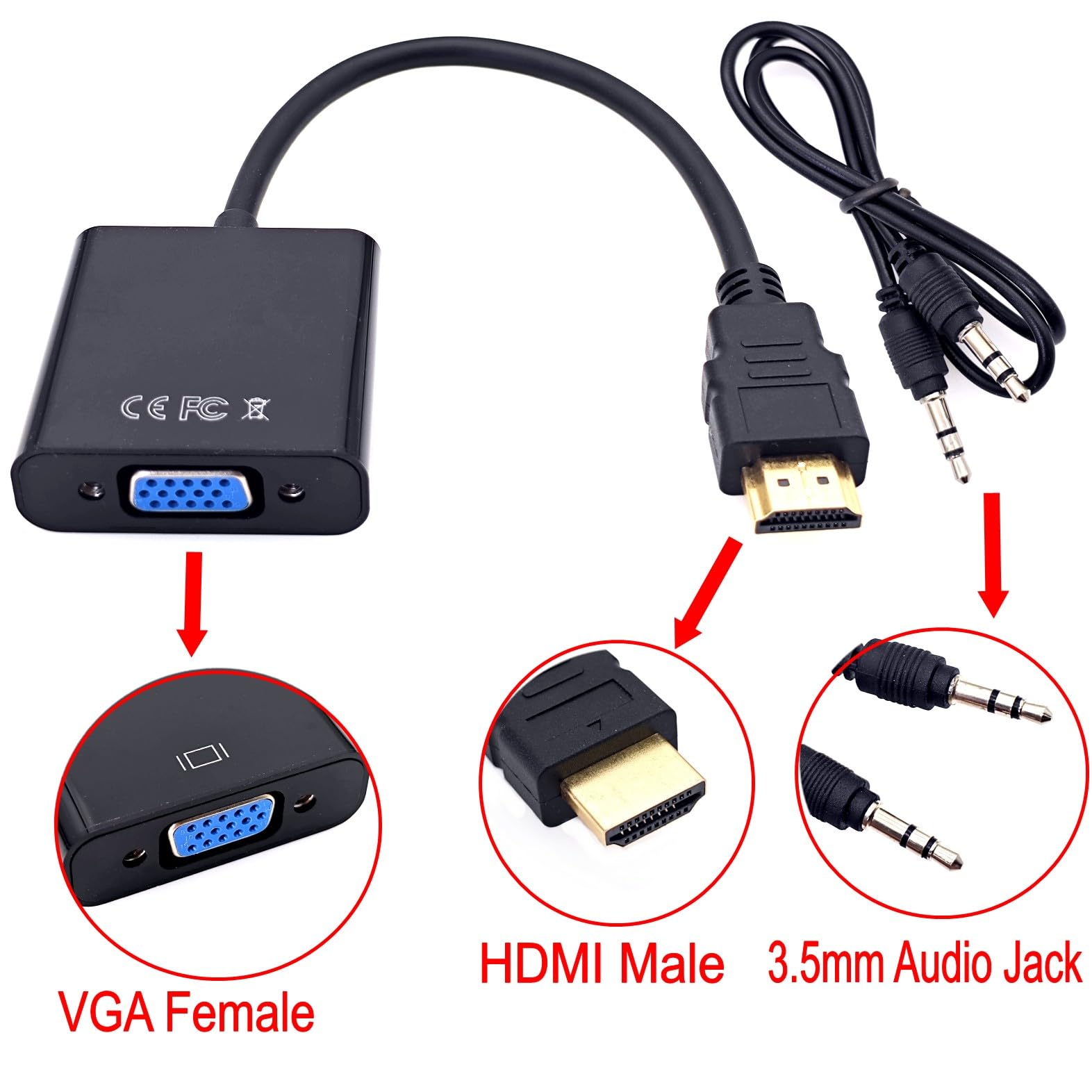 PKOUVOO Adattatore HDMI a VGA 1080P attivo (da maschio a femmina) convertitore HDMI a VGA con cavo audio da 3,5 mm compatibile con computer portatile monitor proiettore PKOUVOO Adattatore HDMI a VGA 1080P attivo (da maschio a femmina) convertitore HDMI a VGA con cavo audio da 3,5 mm compatibile con computer portatile monitor proiettore