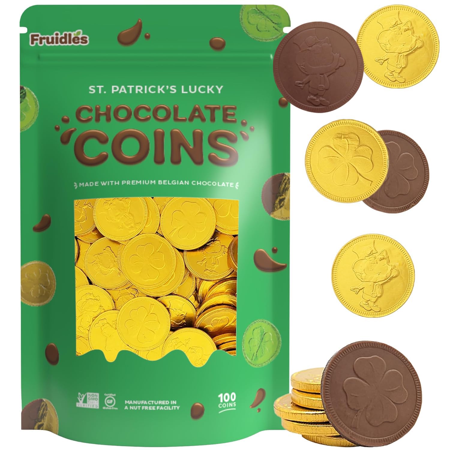 St. Patrick's Day Coins 100 Lucky Gold Shamrock Coins Foils, Belgian Coins Bag Nut-Free (100-Pack)
