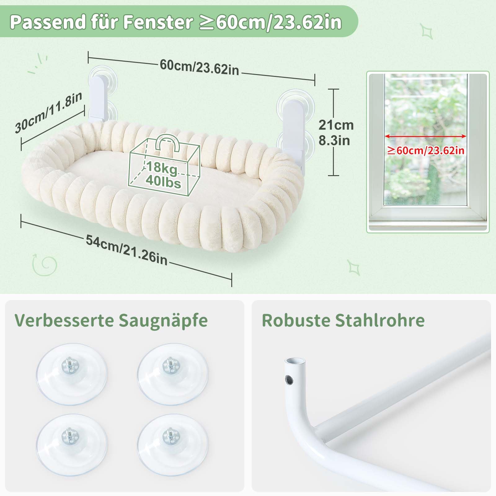 GUUSII HOME Katzen Fensterliege Faltbar Katzenbett Fenster Fensterbank Katze Hängematte mit Wendebezug & Saugnäpfen Fensterbrettauflage Fensterliegeplatz Bis zu 18kg Fensterscheibe (Weiß, M)