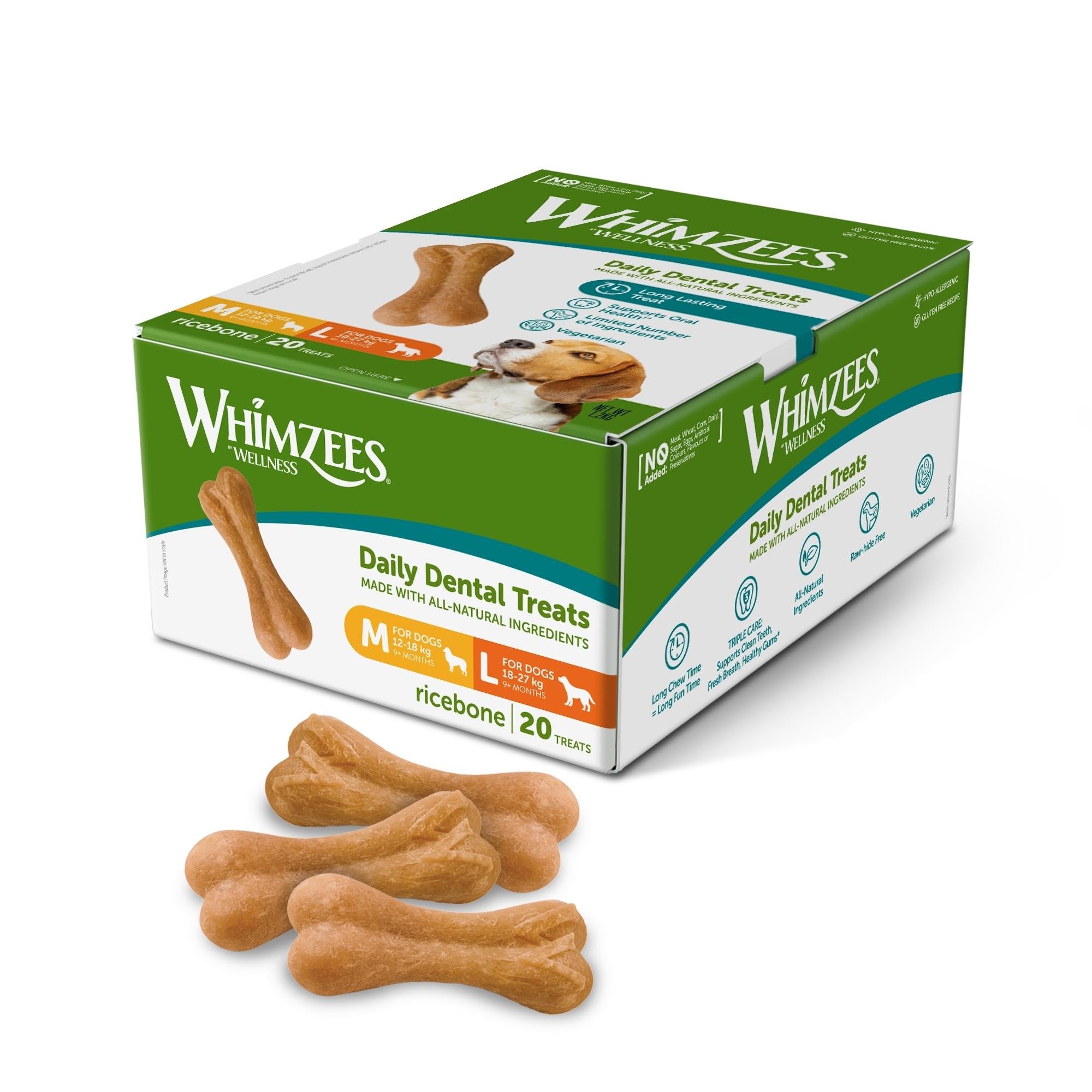 WHIMZEES by Wellness, Os de Riz à Mâcher pour Chien de Moyenne et Grande Taille, Friandises Naturelles pour l'Hygiène Bucco-Dentaire, Taille M/L, Boîte de 20 Pièces (Lot de 2)