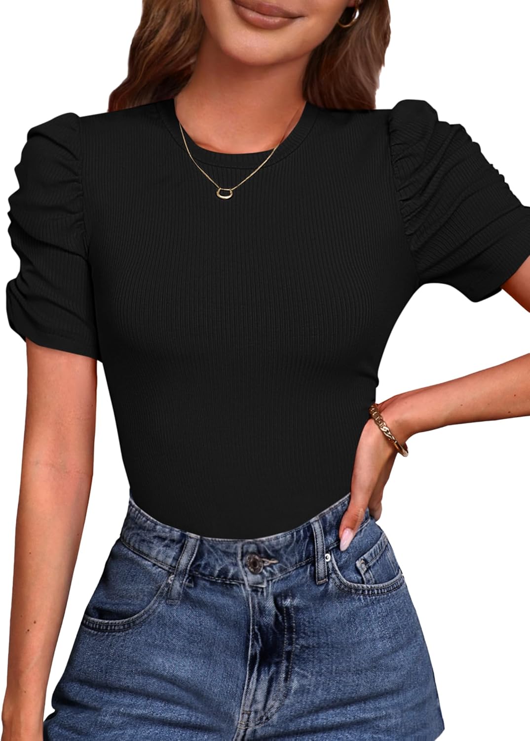 Remidoo Puff Sleeve Tops for Women Short Sleeve Top Casual Crewneck Rib Knit Fitted T Shirt - Image 3