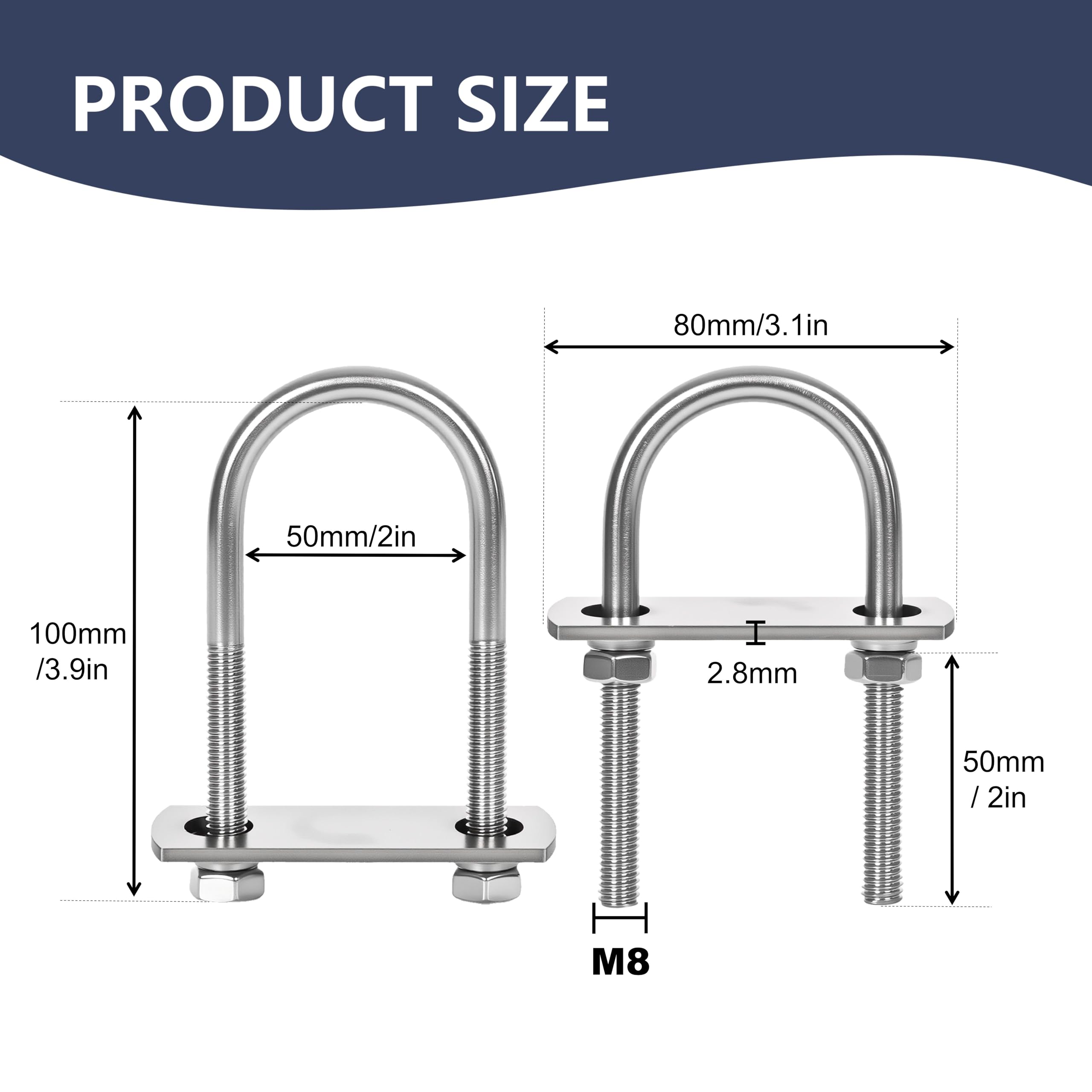 M8 U-Bolts - 4 Sets Stainless Steel -2