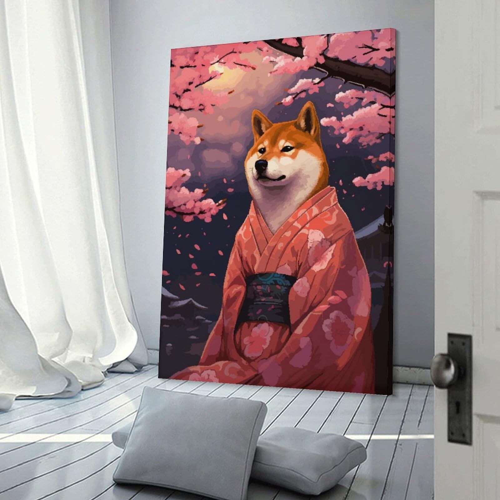 Junmoney Pixel Art Shiba Inu Sakura Room Decor Wall Art, 24x36inch(60x90cm), for Front Hall, Corridor Or Welcome Spaces, A Neat Decor Update for Hallways
