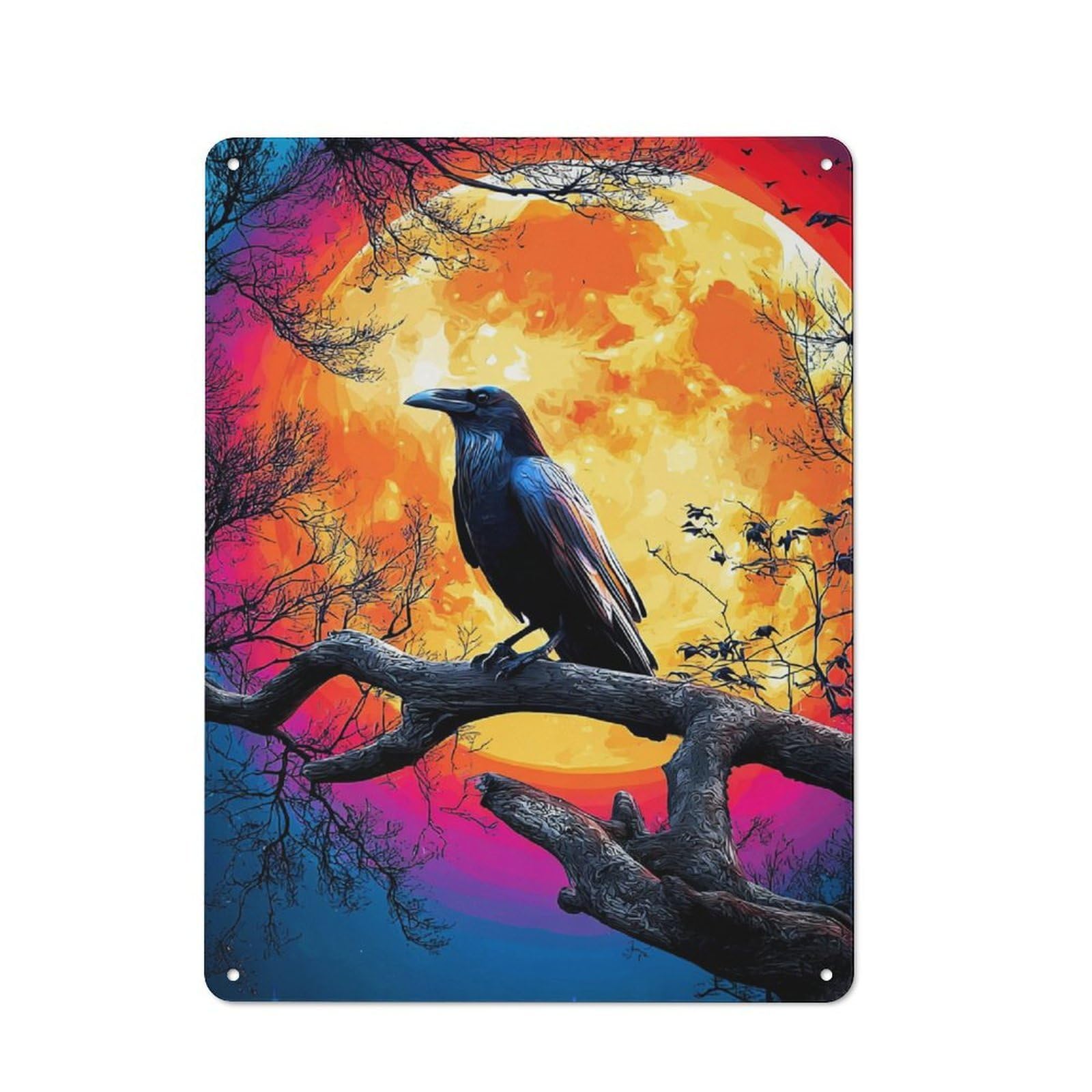 Junmoney Metal Wall Plaque With Moonlit Raven枝头-2 Design 40X30cm, Classic Retro Room Decor For Kitchen, Hallway, Bar Or Small Cafe