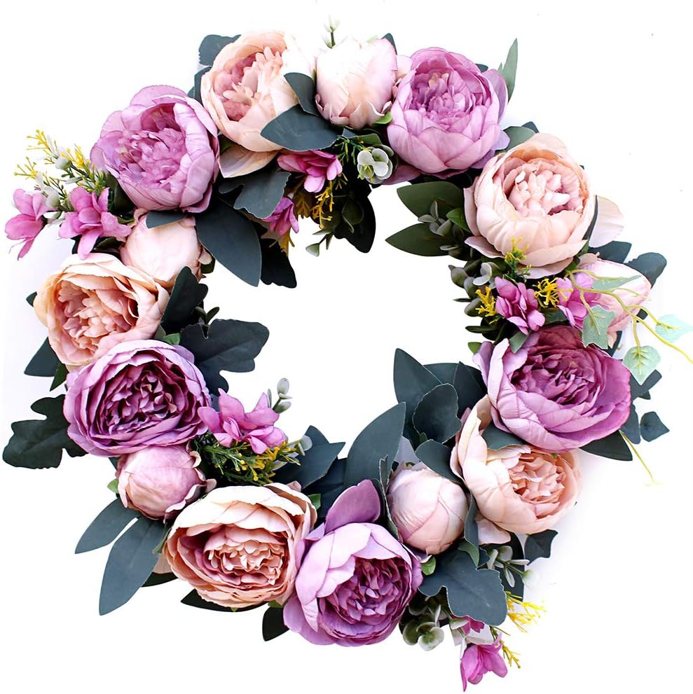 Artificial Flowers Peony Wreath - 40cm Spring Decorative Silk Door Wreaths with Peony and Green Leaves for Front Door Office Wall Garden Wedding Festival Decor