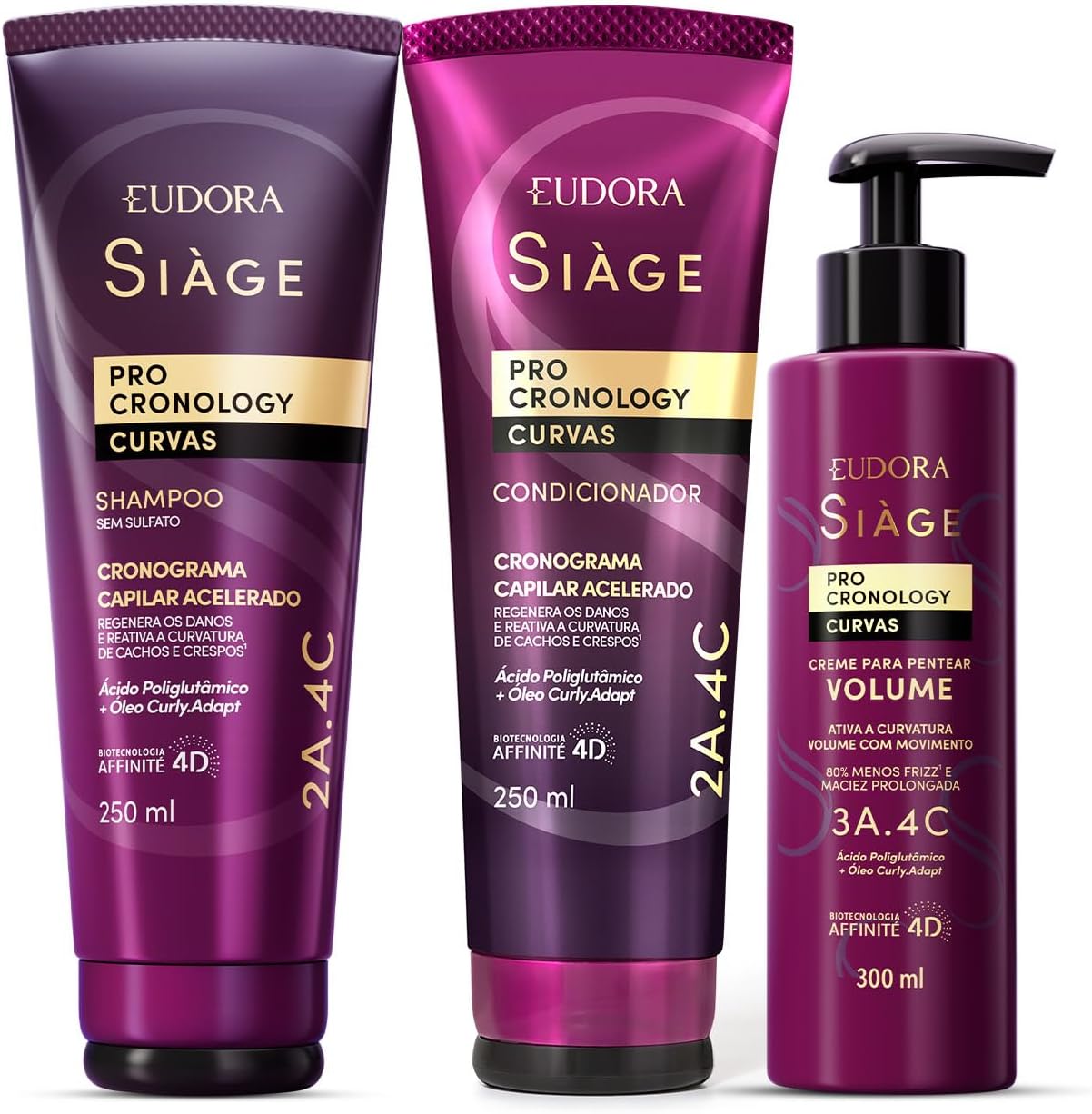 Combo Siàge Pro Cronology Curvas: Shampoo 250ml + Condicionador 250ml + Creme para Pentear Volume 300ml