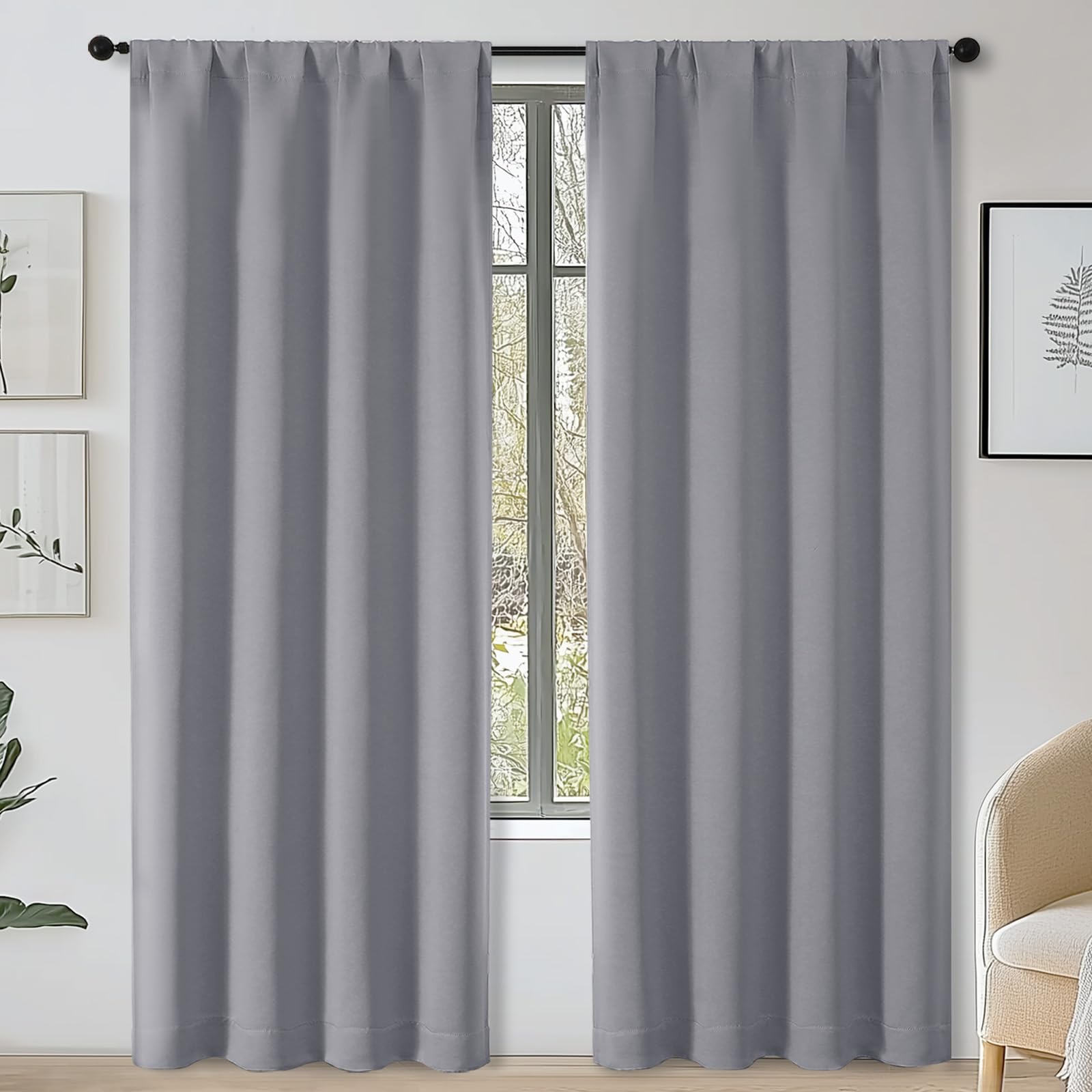 OWENIE Sally Silver Grey Blackout Curtains 84 Inches Long 2 Panels Set for Bedroom Living Room, Soft Thermal Insulated Privacy Room Darkening Window