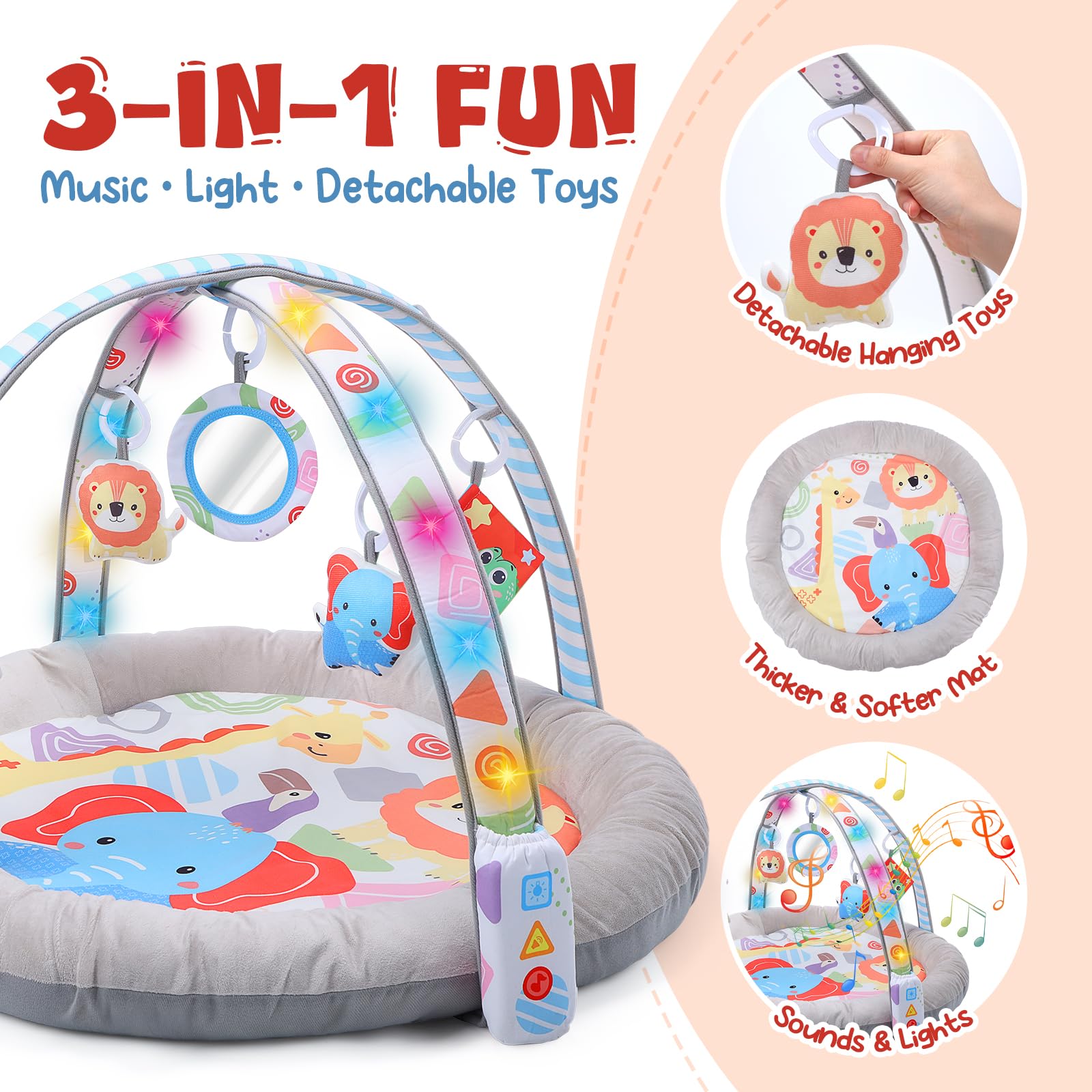 CUTE STONE Alfombra de juegos para bebés con luces, sonidos y juguetes desmontables – Alfombra de actividades para el desarrollo sensorial y motor – Volumen ajustable – Regalo ideal para recién nacido