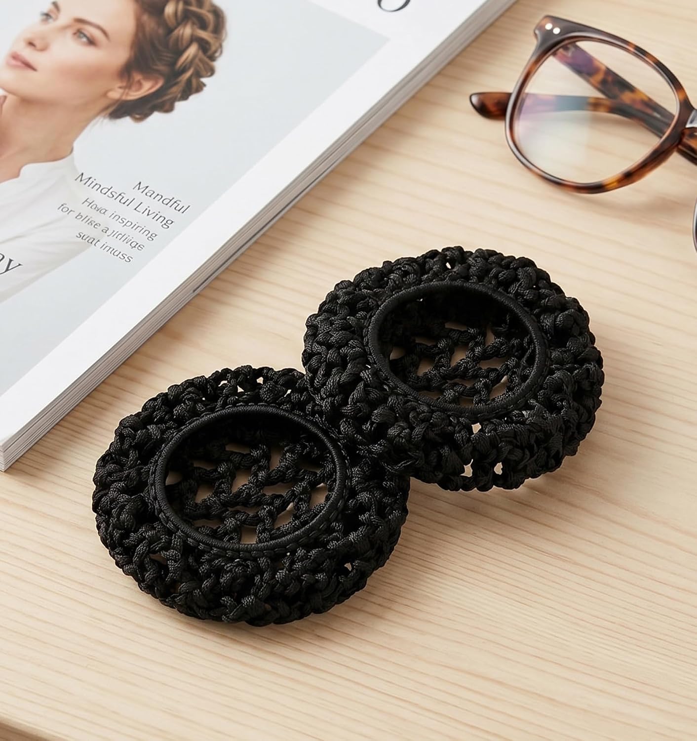 3Pcs Hair Bun Cover, Hair Bun Covers for Women Handmade Crochet Knit, Elastic Invisible Bun Covers for Women's Hair, 8cm Black Hair Net Snood for Dance Ballet Skating