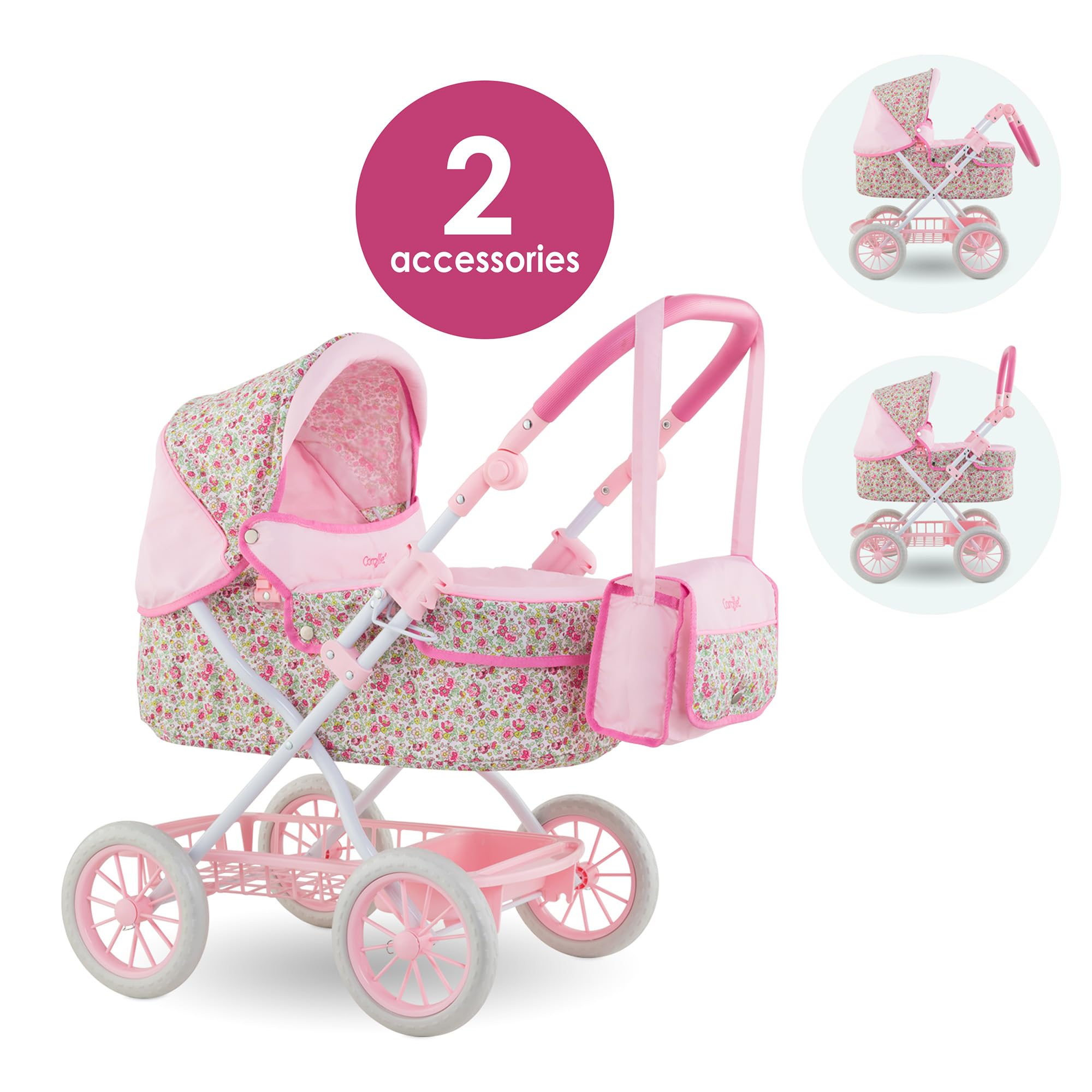 Corolle Baby Doll Stroller for Girls, Foldable Kids Toy Baby Stroller for Dolls with Carriage Design, Pink Pram