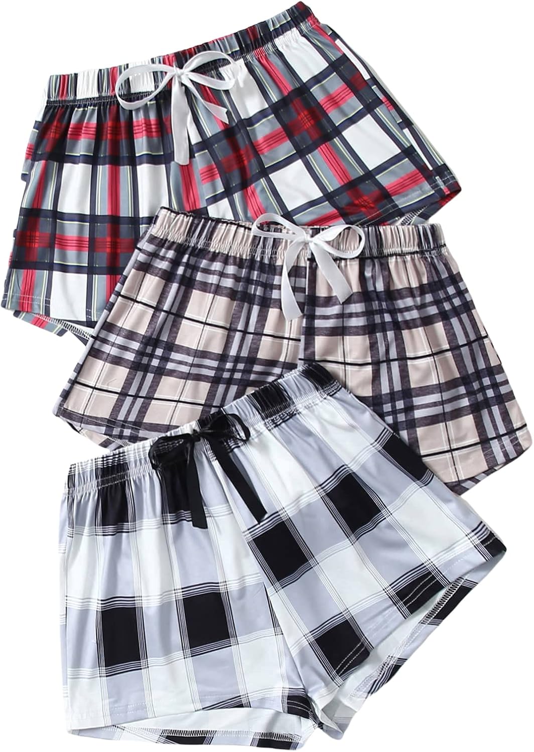 GORGLITTER Women's 3 Piece Plaid Pajama Shorts Elastic Waist Cute Pj Sleep Lounge Shorts
