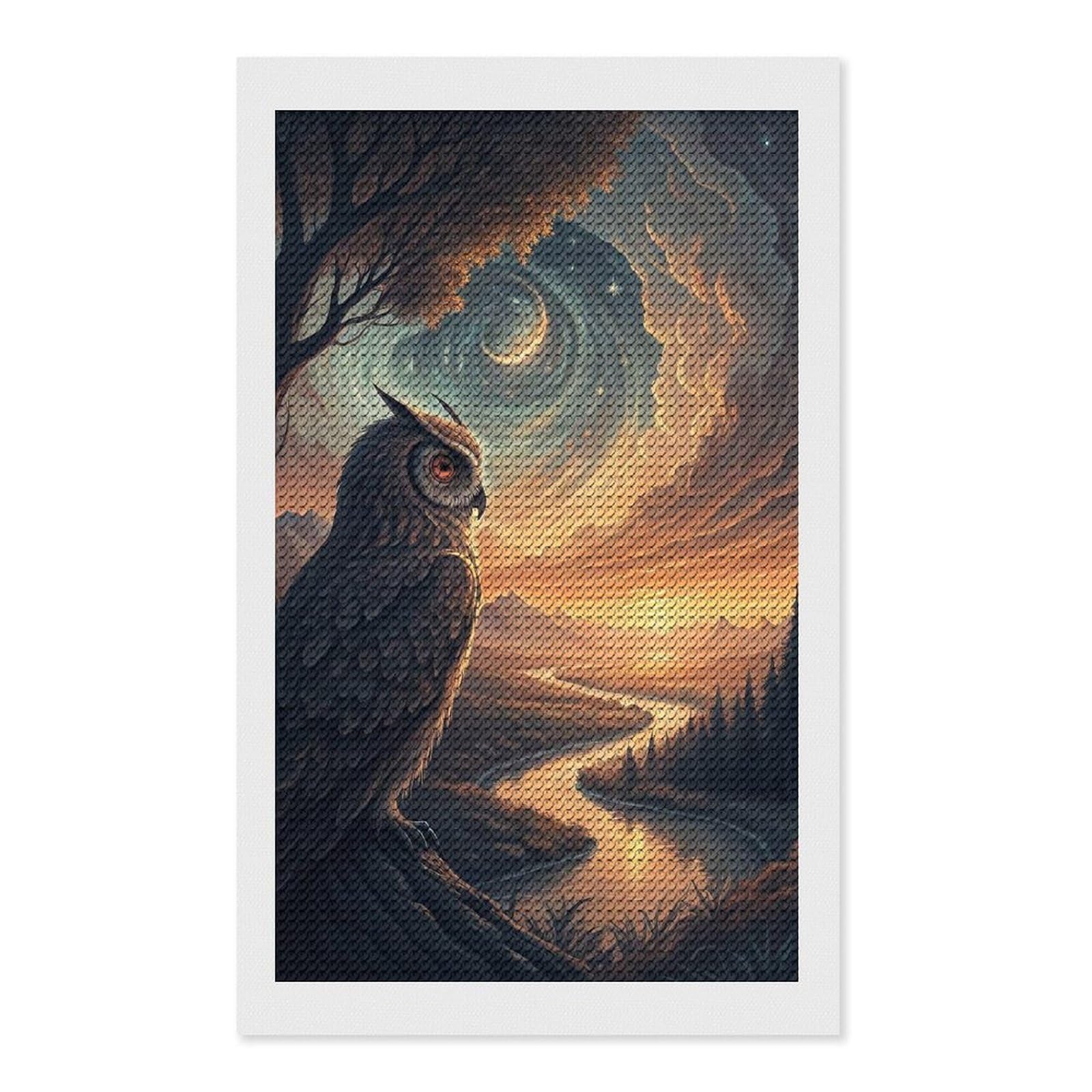 Junmoney Majestic Owl Overlooking A Serene Landscape DIY Diamond Art Canvas Kit 12"x20", Simple to Start, Fun Craft Experience, Modern Decor, Gift Idea, Adhesive Canvas