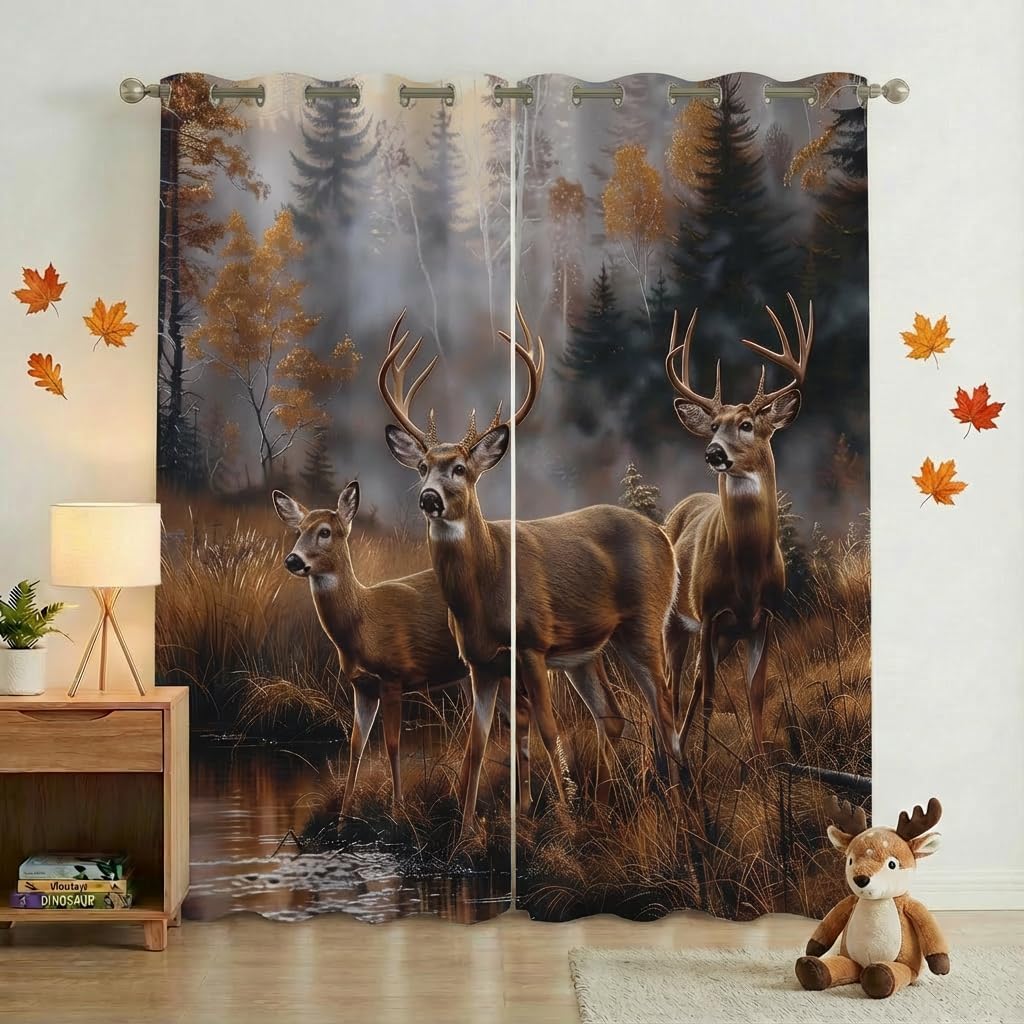 Deer Blackout Curtains for Bedroom, Rustic Cabin Wildlife Window Drapes, Whitetail Hunting Grommet Thermal Insulated Curtains for Living Room, 63 x 63 Inch, 2 Panels