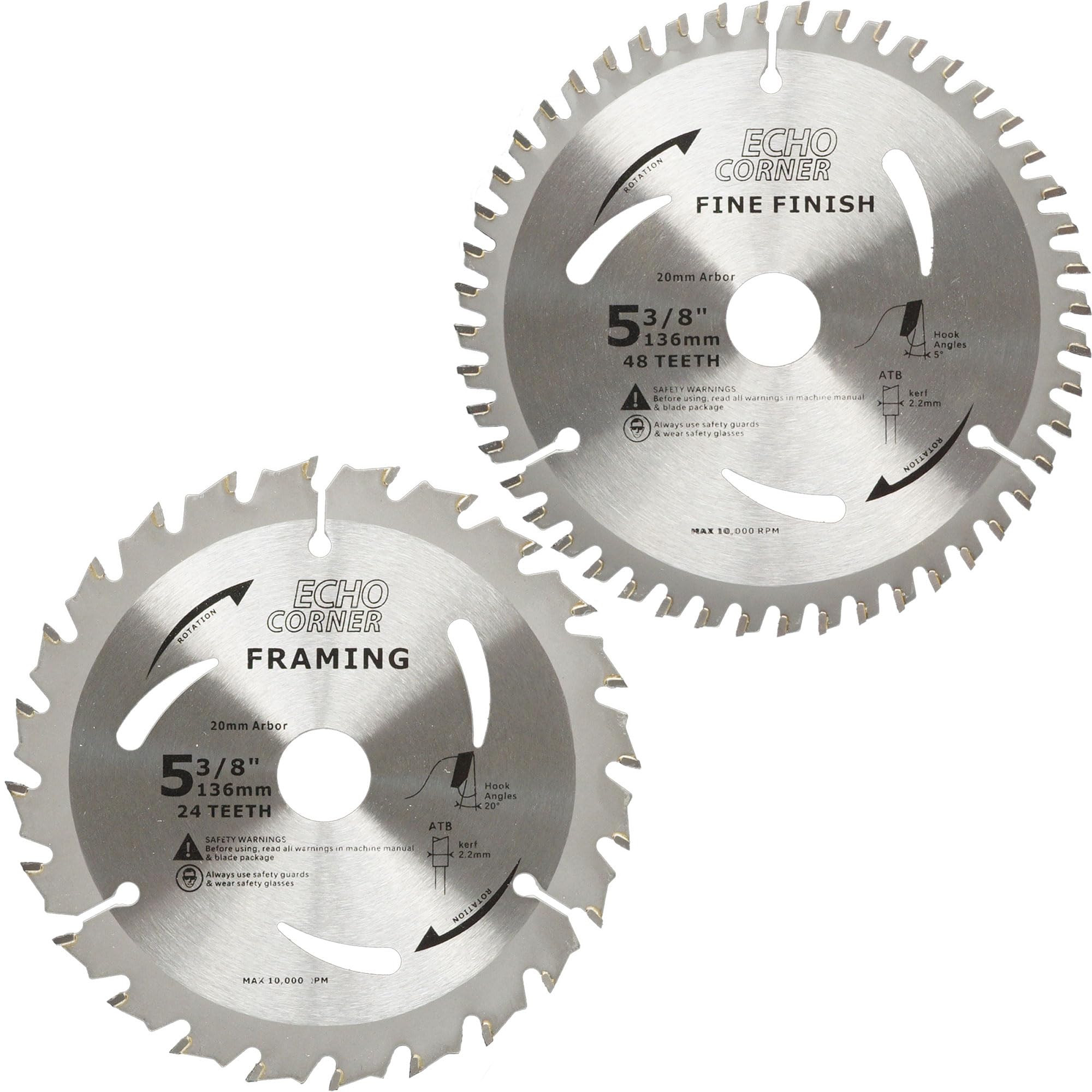 Echo Corner 136mm Wood Cutting Circular Saw Blades 24T/48T Combo Pack, 20mm Bore, silver, 5-3/8" 20mm-Arbor