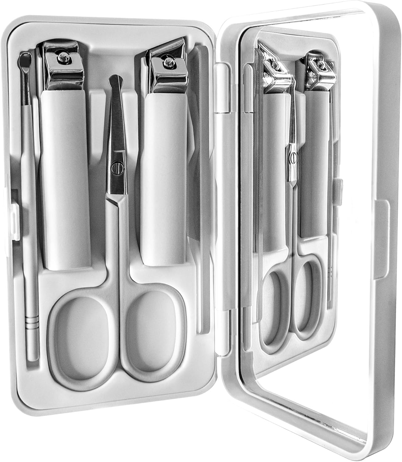 Sun&Beam Nails Nail Clippers Glass Nail File Scissors Mirror Ear Pick 6-Pcs Set Nail Care Set for Hands and Feet Anti-Splash Anti-Slip Portable with Storage Box White