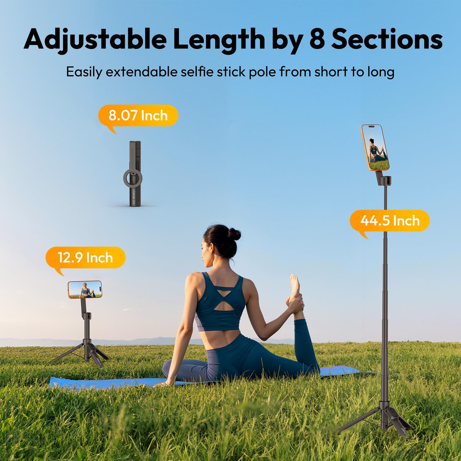 ULANZI SK26 Treppiede magnetico 113 cm per selfie stick magnete 15 N, Magpod iphone, Apertura con un clic, Mini tripod estraibile, inclinabile a 200°, telecomando 10 m, Compatibile con iPhone 17-12