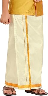 PRAKASAM COTTON 1-16 Year Velcro Dhoti for kids boys with Golden Jari Border Premium Art silk | Readymade Kasavu Mundu for... Price In India