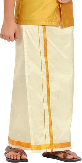 PRAKASAM COTTON 1-16 Year Velcro Dhoti for kids boys with Golden Jari Border Premium Art silk | Readymade Kasavu Mundu for...