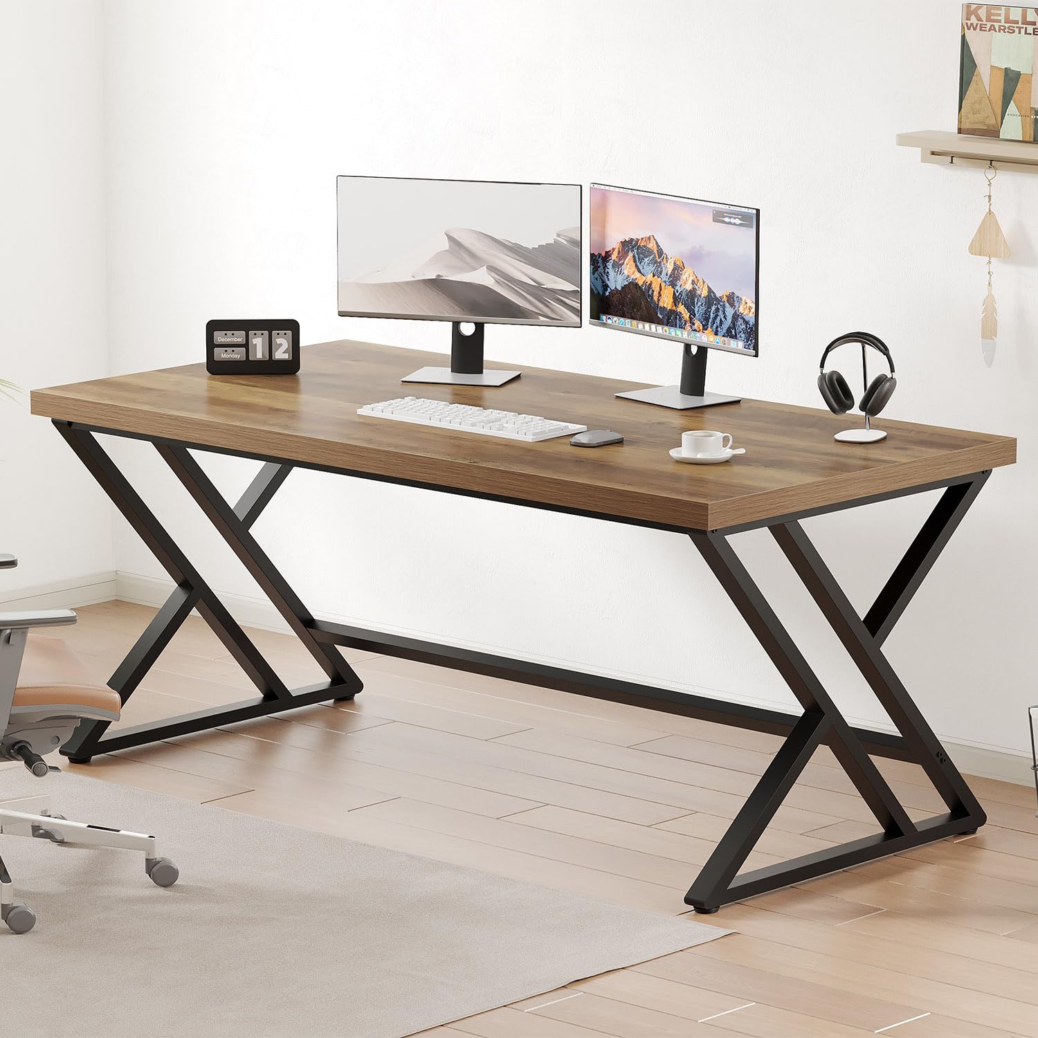 LVB Long Computer Desk, Big Industrial Home Office Desk with Storage, Large Metal Wood Writing Study Computer Table for Bedroom, Modern Executive Simple Gaming Work Desk for Student, Rustic Oak, 60 In
