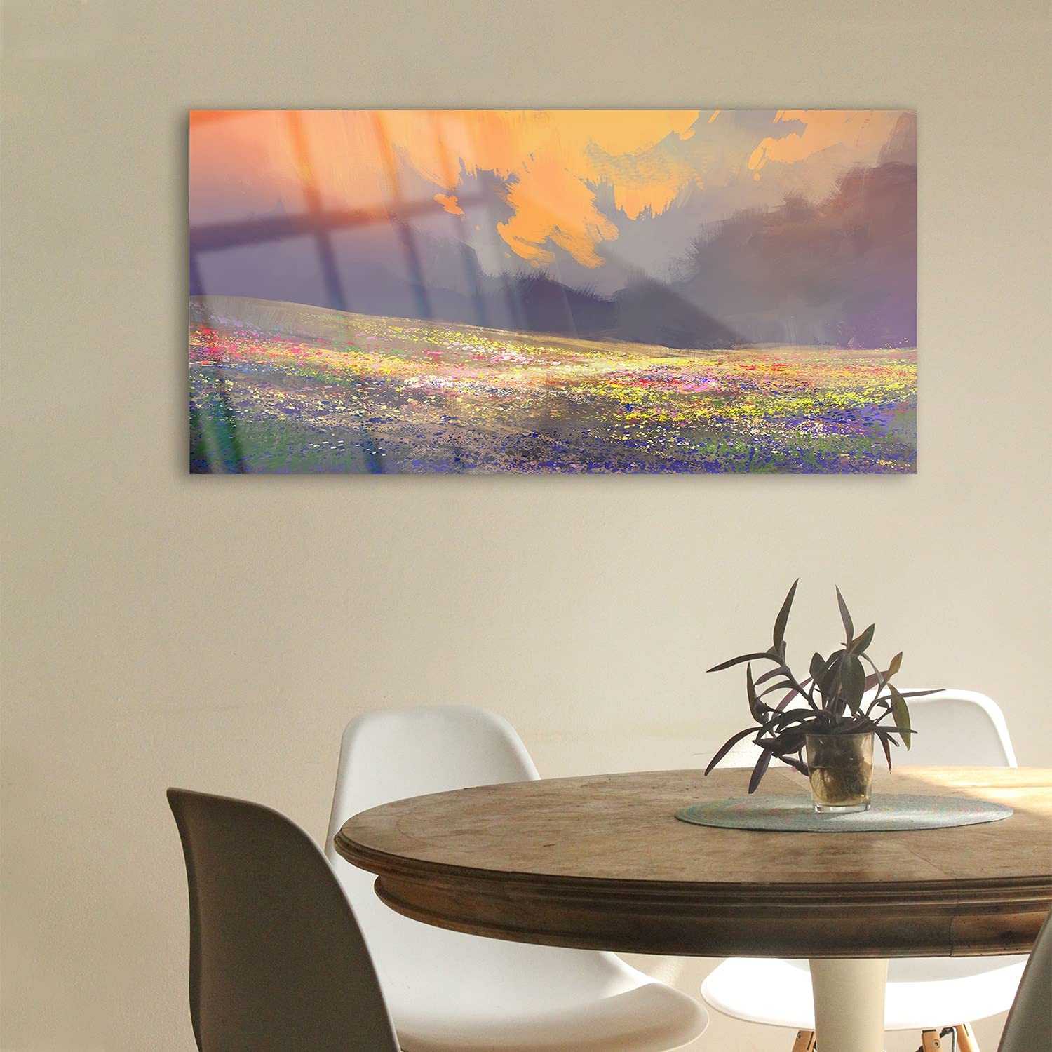 Coloray Pintura acrílica Cuadro De Pared 100x50cm Vidrio Acrílico Sala De Estar Arte Mural - Flores pradera cielo