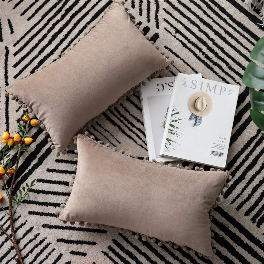 DEZENE Decorative Pillow Covers 12x20 Taupe: 2 Pack Cozy Soft Pom-poms Velvet Rectangular Throw Pillow Cases for Farmhouse Home Decor