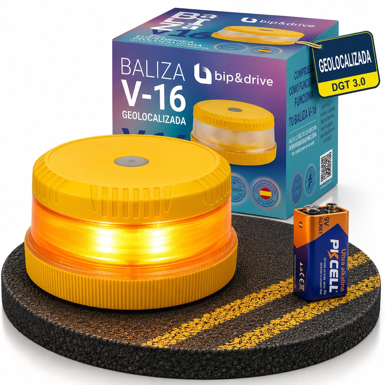 Beacon V16 Approved DGT with Geolocation | Emergency Light Car LED 360° 1 km | Connected DGT 3.0 Platform | Rain Resistant | with Battery Indicator and Magnetic Base | Bip&Drive